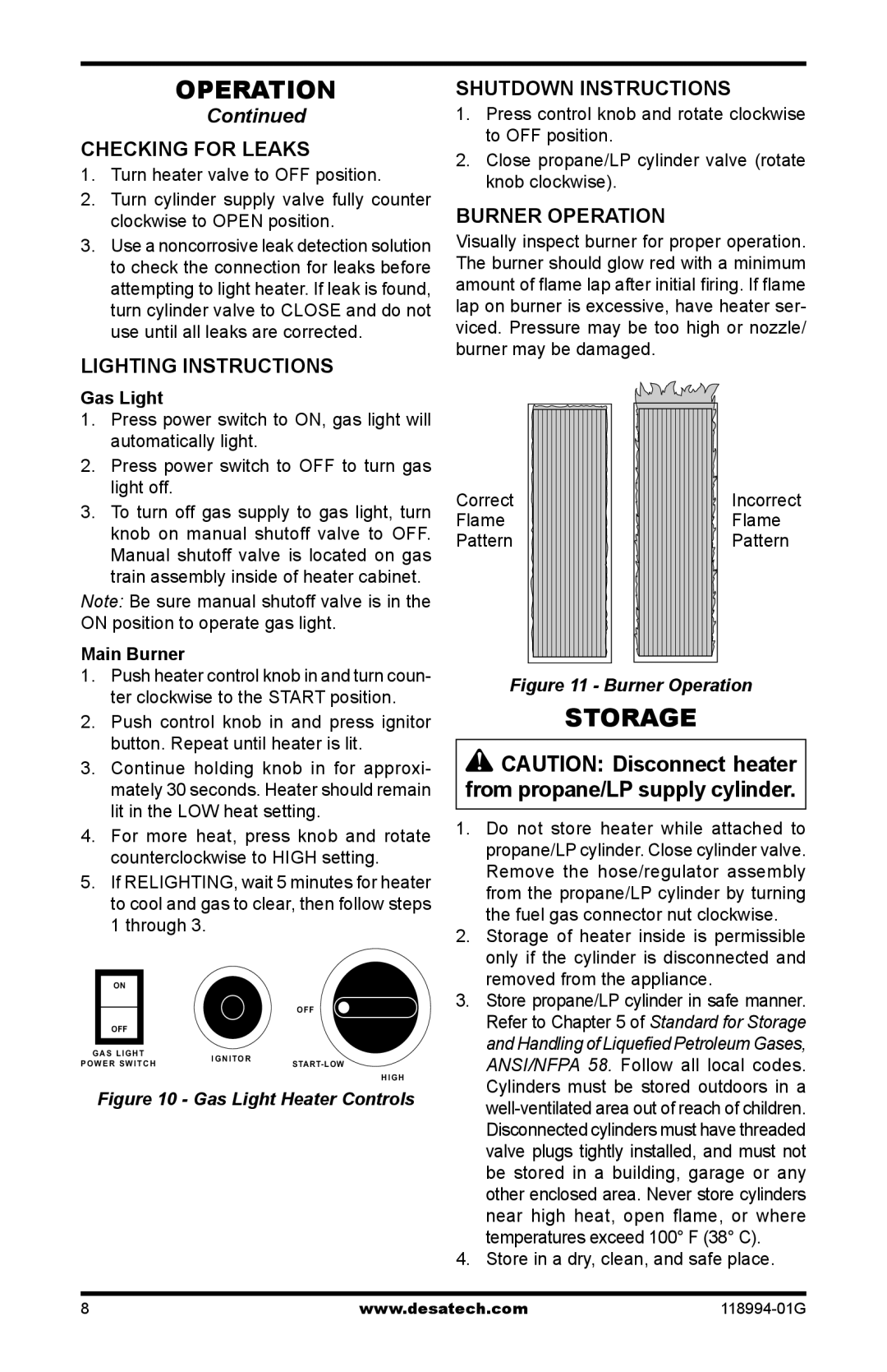 Desa Td104, Td102, Td100 Storage, Checking for leaks, Lighting instructions, Shutdown Instructions, Burner Operation 