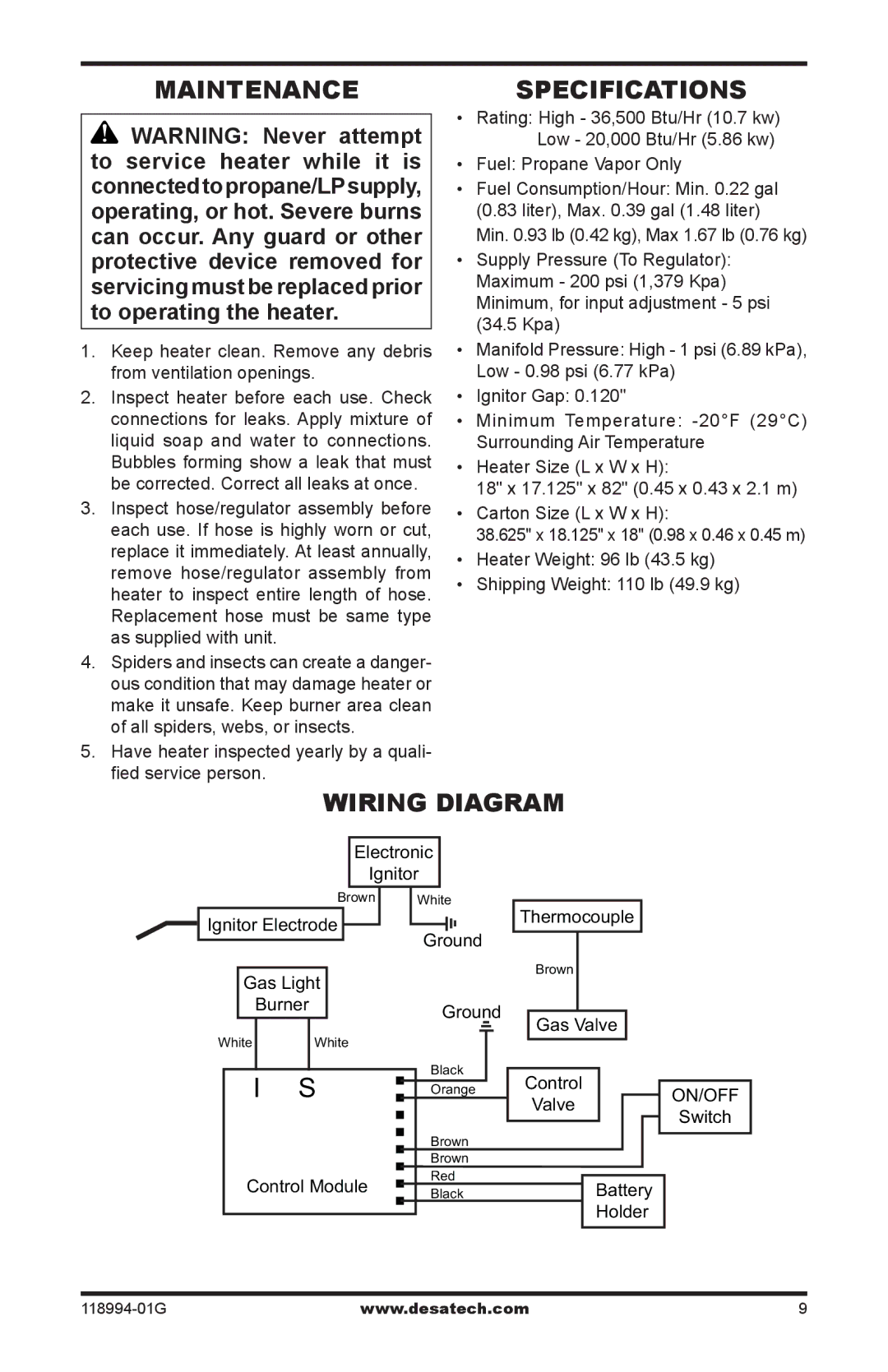 Desa Td102, Td104, Td100, TD100, TD102, TD104, TD110 owner manual Maintenance, Specifications, Wiring Diagram 