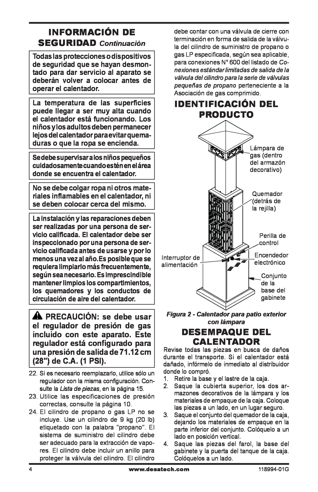 Desa Td104 Información De, Identificación del producto, Desempaque del calentador, SEGURIDAD Continuación, con lámpara 