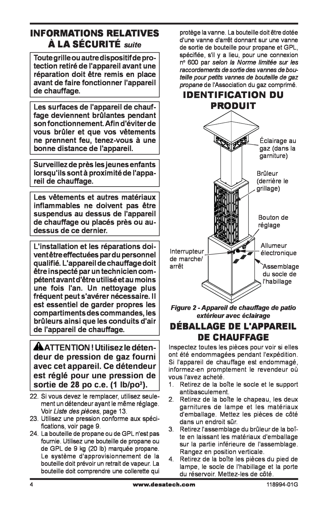 Desa Td100 À LA SÉCURITÉ suite, Identification du produit, Déballage de lappareil de chauffage, Informations Relatives 
