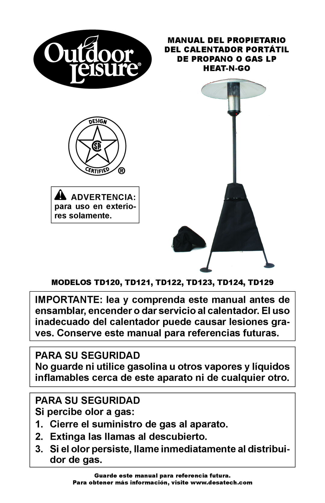 Desa owner manual Para SU Seguridad, Modelos TD120, TD121, TD122, TD123, TD124, TD129 