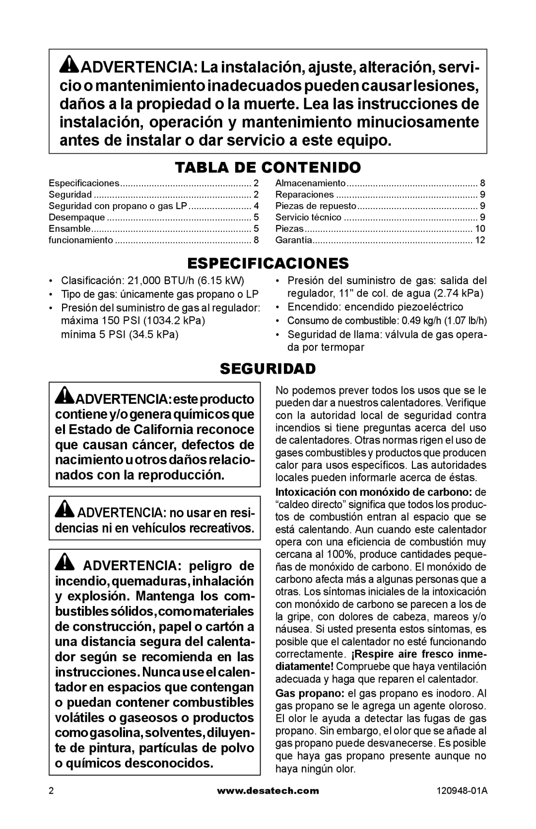 Desa TD122, TD121, TD120, TD123, TD124, TD129 owner manual Especificaciones, Seguridad 