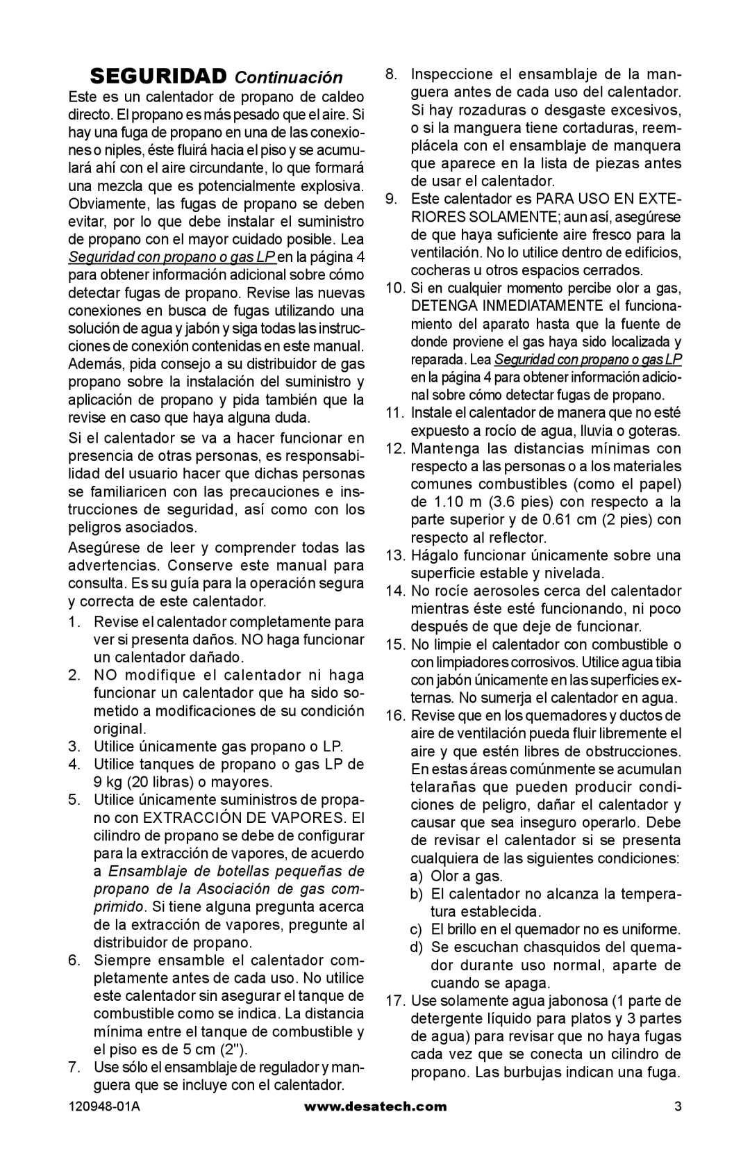 Desa TD123, TD121, TD120, TD122, TD124, TD129 owner manual Seguridad Continuación 