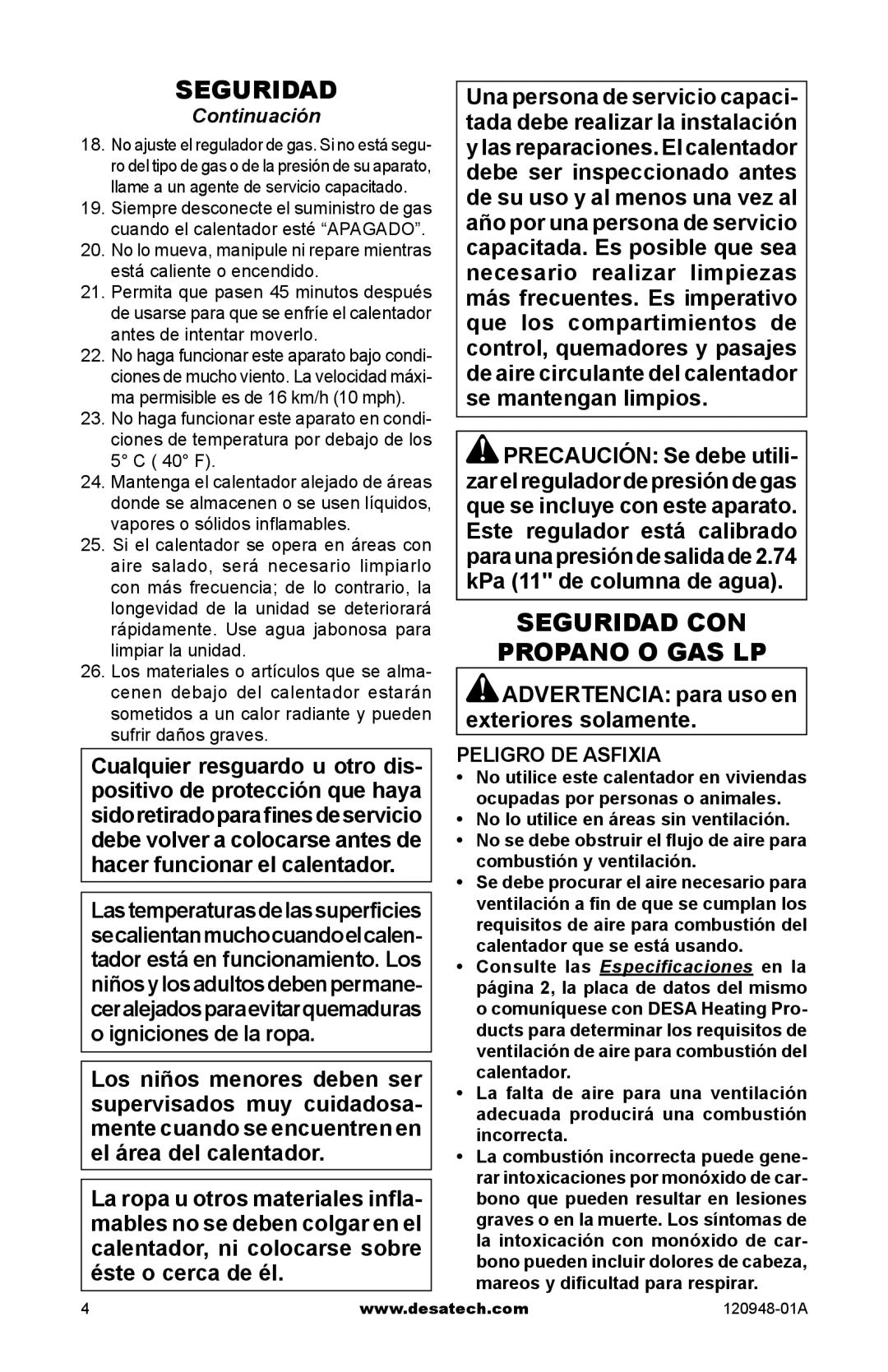 Desa TD124, TD121, TD120, TD122, TD123, TD129 owner manual Seguridad con Propano o gas LP, Peligro de asfixia 