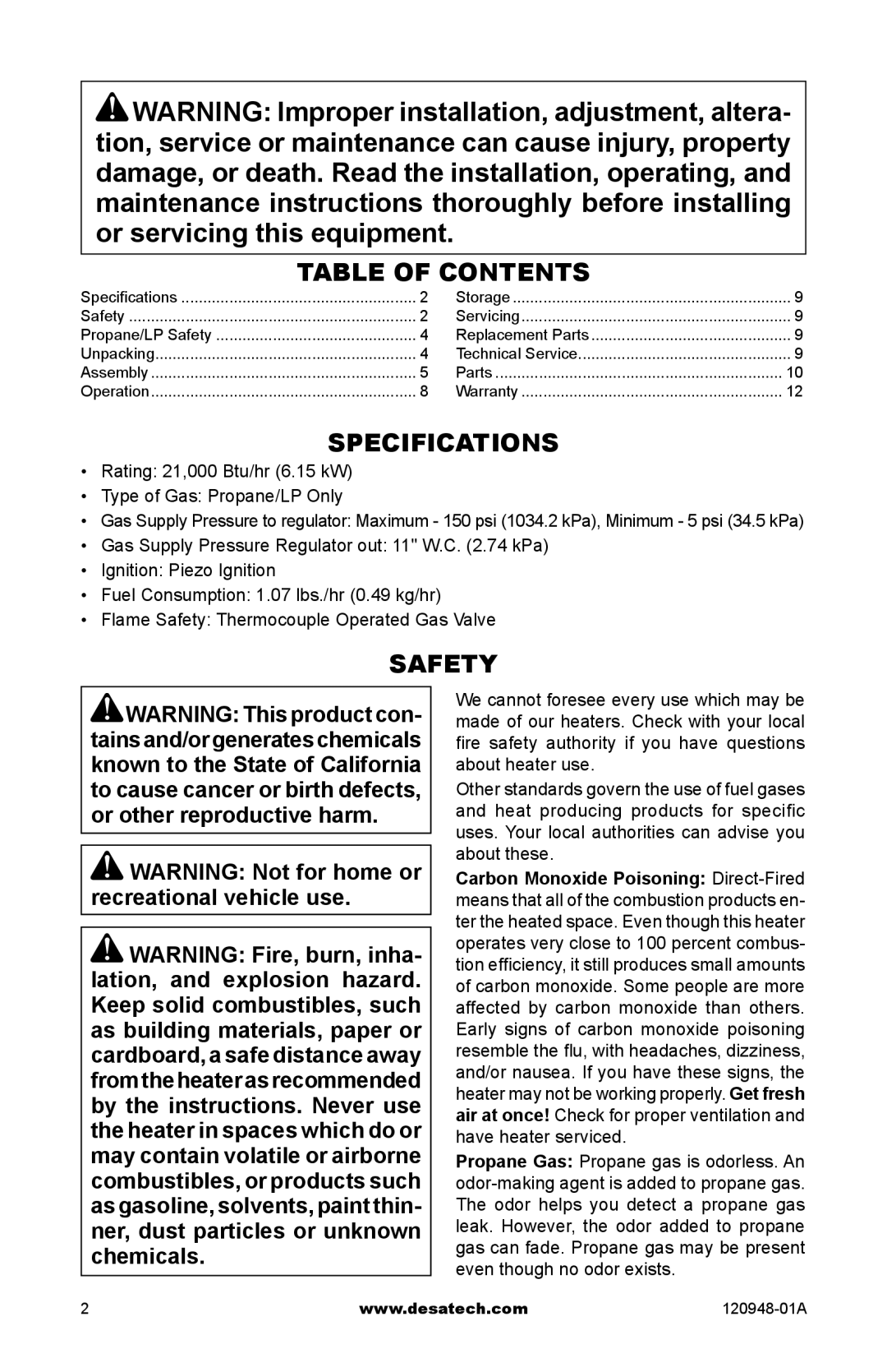 Desa TD122, TD121, TD120, TD123, TD124, TD129 owner manual Table of Contents, Specifications, Safety 