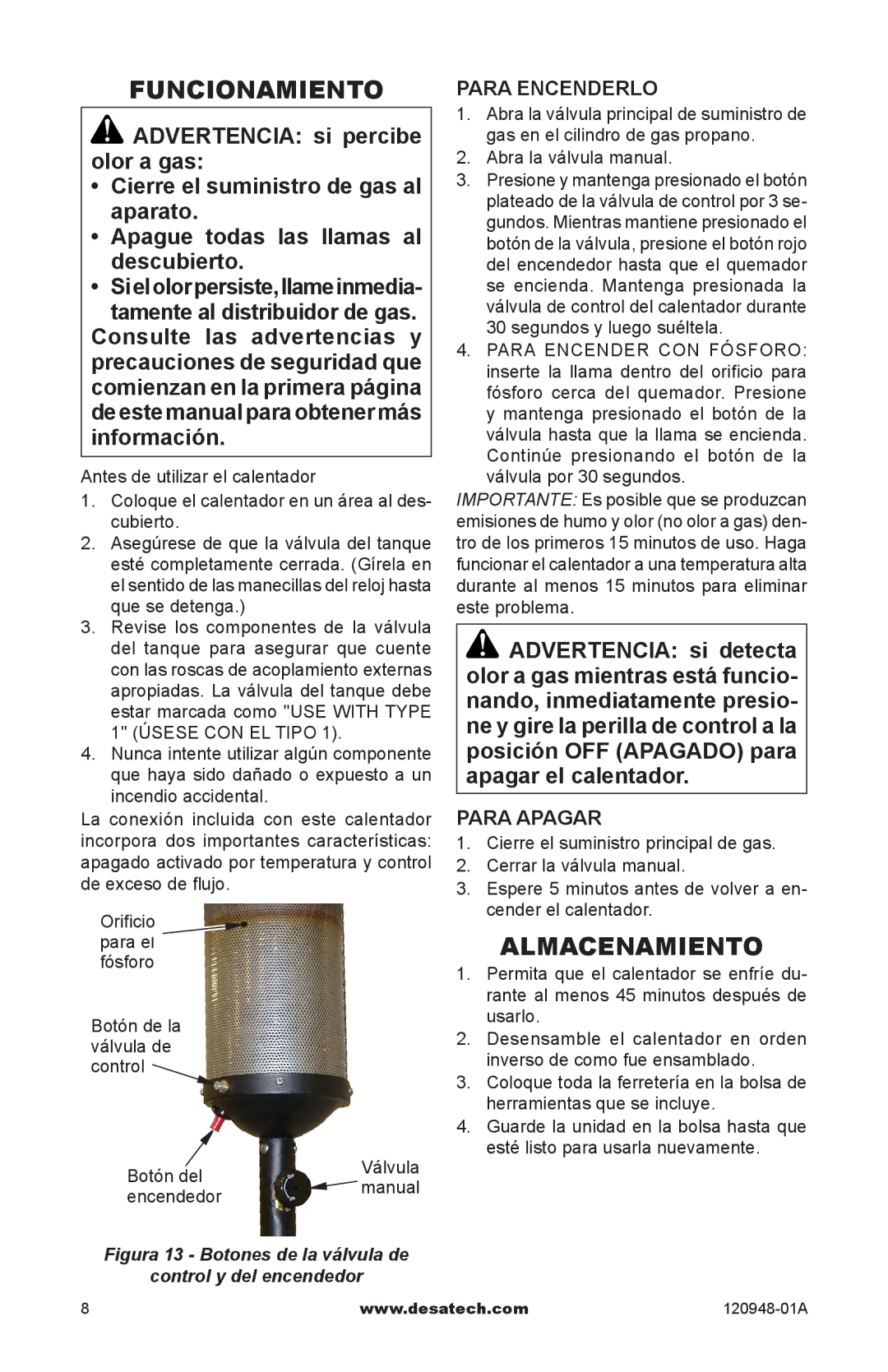 Desa TD122, TD121, TD120, TD123, TD124, TD129 owner manual Funcionamiento, Almacenamiento 