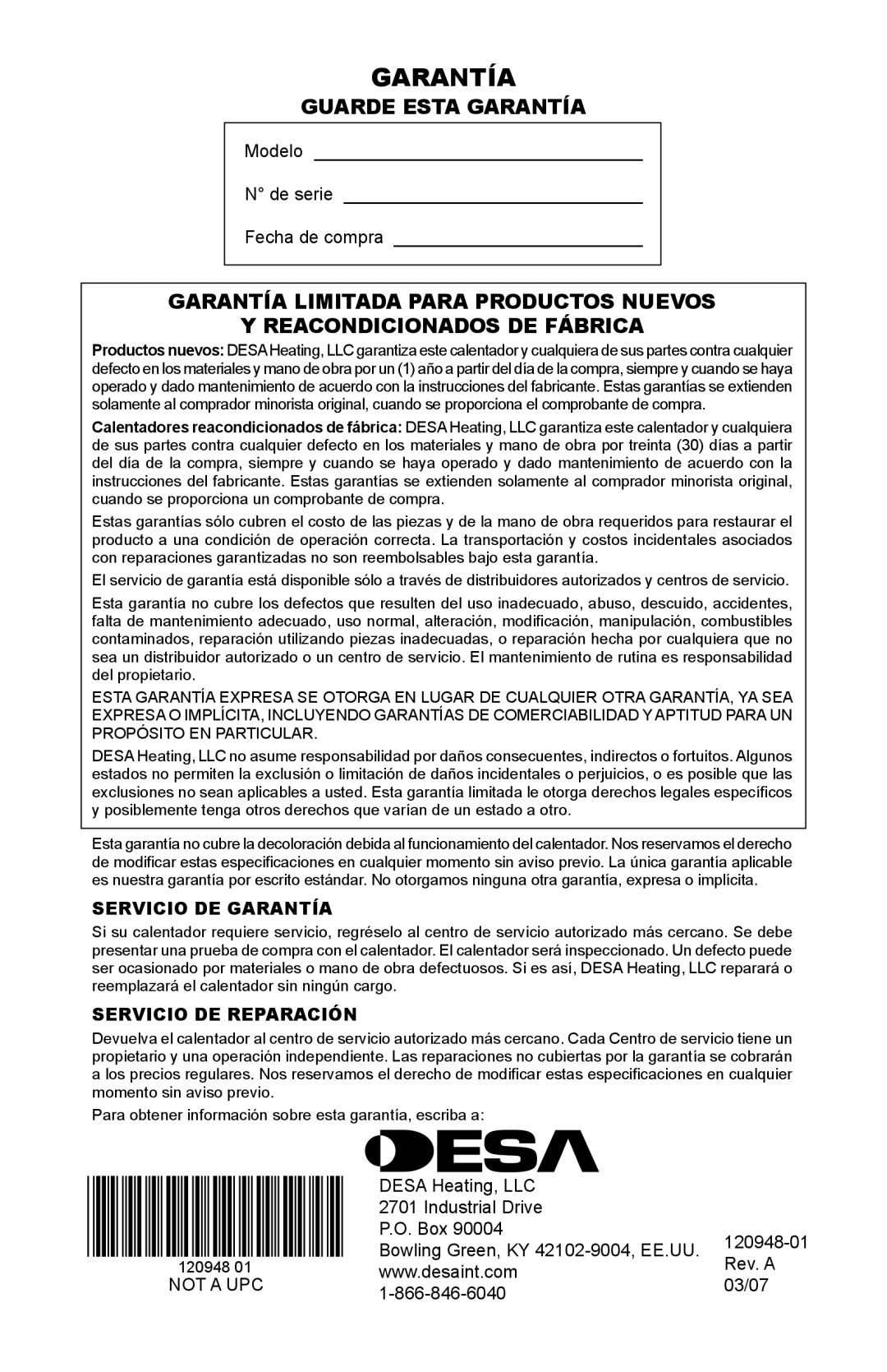 Desa TD121, TD120, TD122, TD123, TD124, TD129 owner manual Servicio DE Garantía 