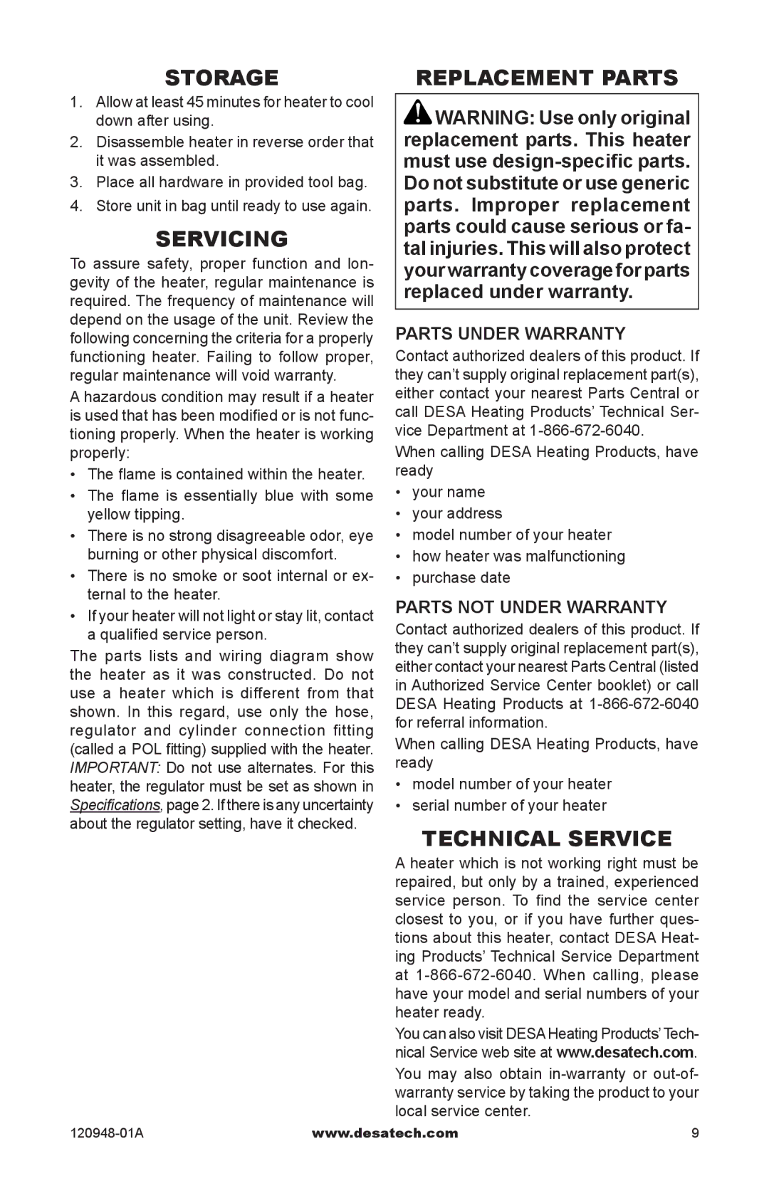 Desa TD123, TD121, TD120, TD122, TD124, TD129 owner manual Storage, Servicing, Replacement Parts, Technical Service 