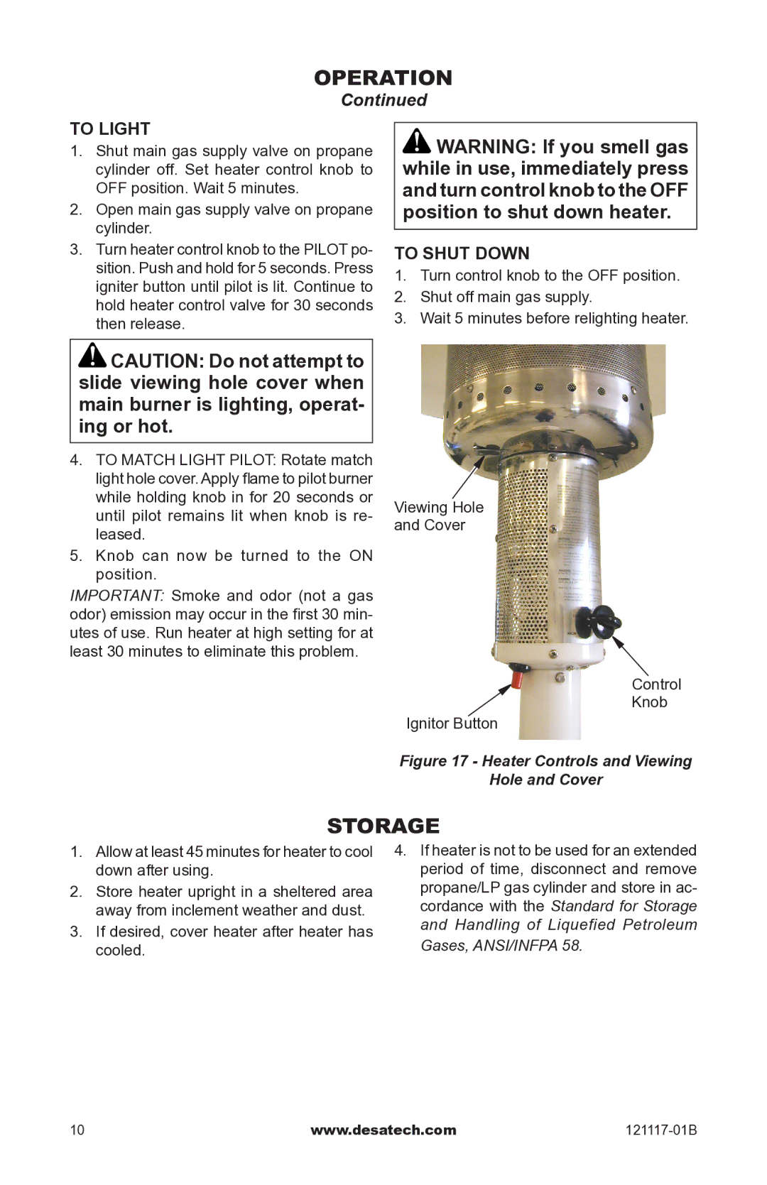 Desa Td125, Td126, Td127, Td128 owner manual Storage, To Light, To Shut Down 