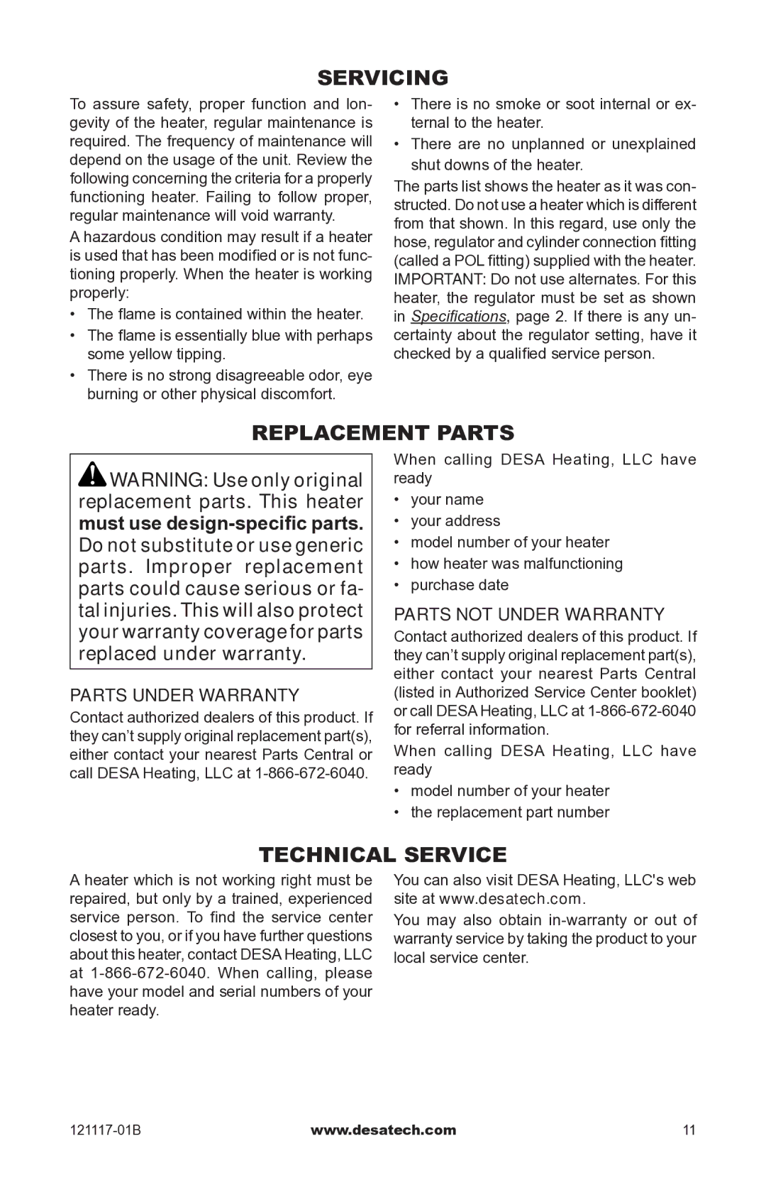 Desa Td125, Td126, Td127, Td128 owner manual Servicing, Replacement Parts, Technical Service, Parts Under Warranty 