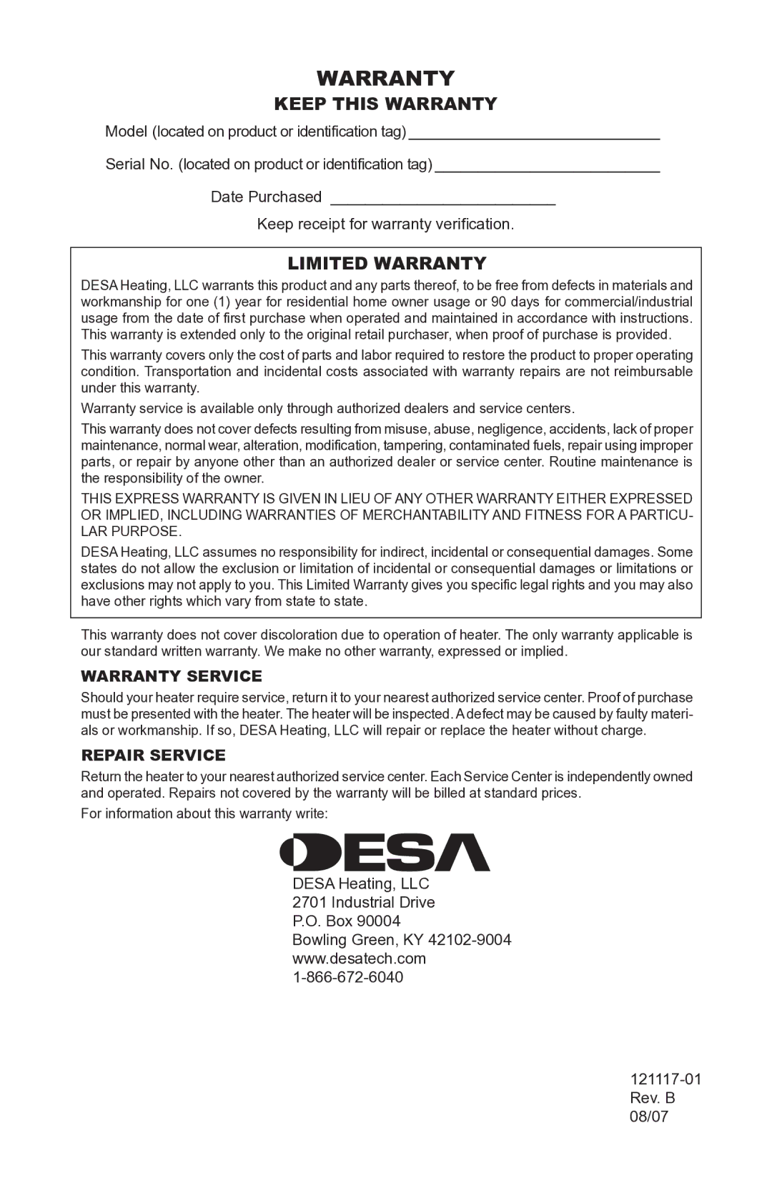 Desa Td125, Td126, Td127, Td128 owner manual Keep this Warranty, Limited Warranty 