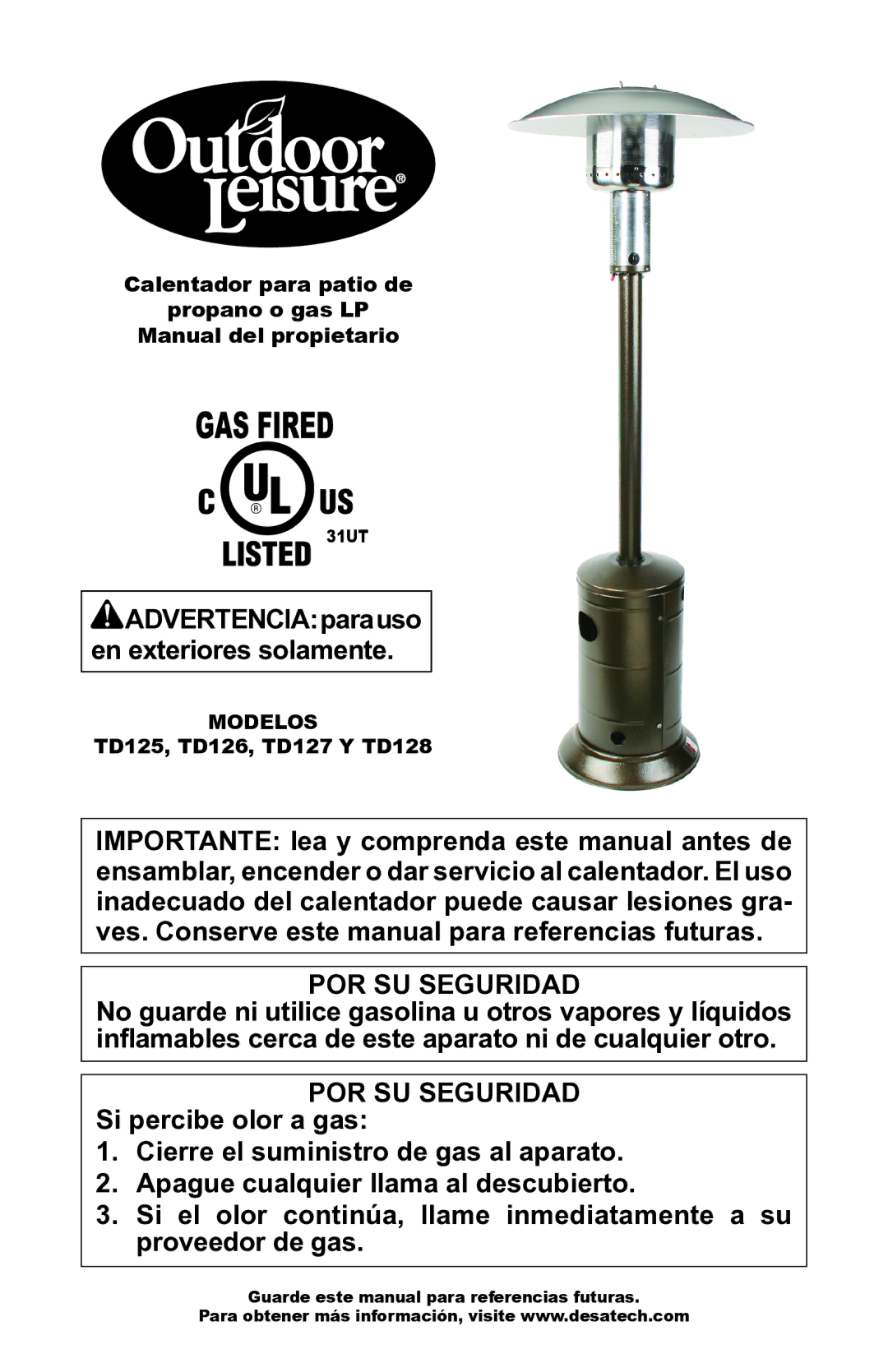 Desa Td125, Td126, Td127, Td128 ADVERTENCIAparauso en exteriores solamente, Modelos, TD125, TD126, TD127 y TD128 