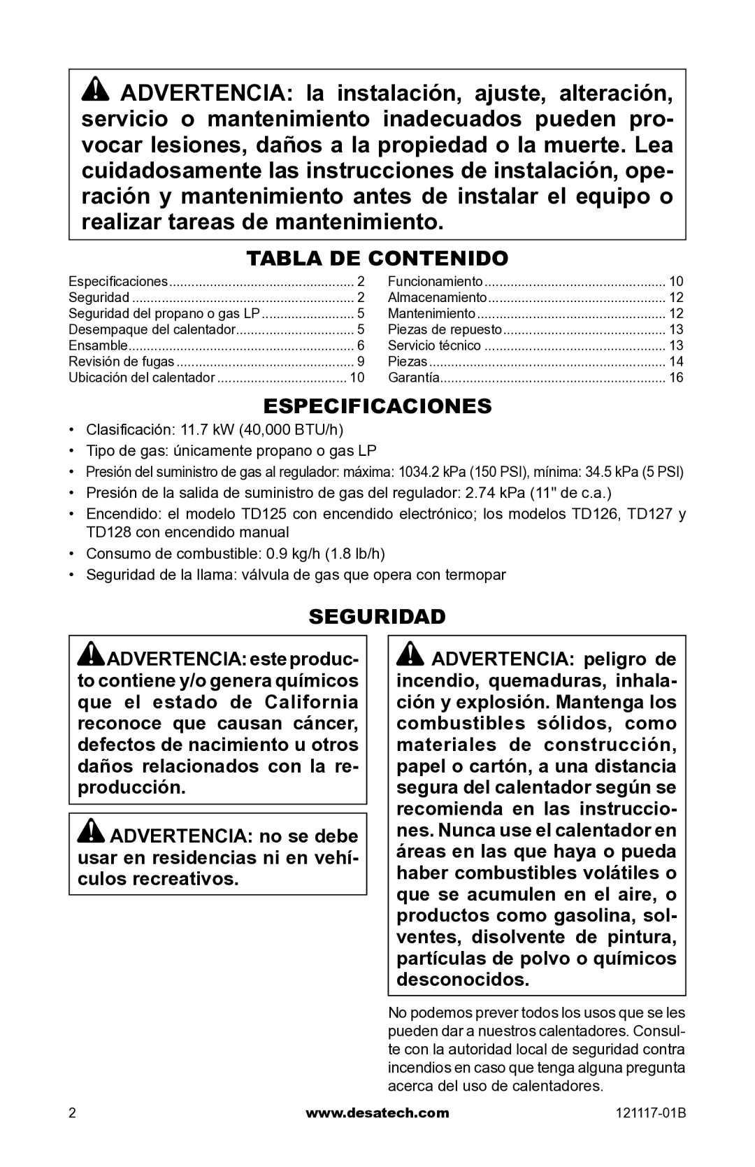 Desa Td125, Td126, Td127, Td128 owner manual Tabla de contenido, Especificaciones, Seguridad 