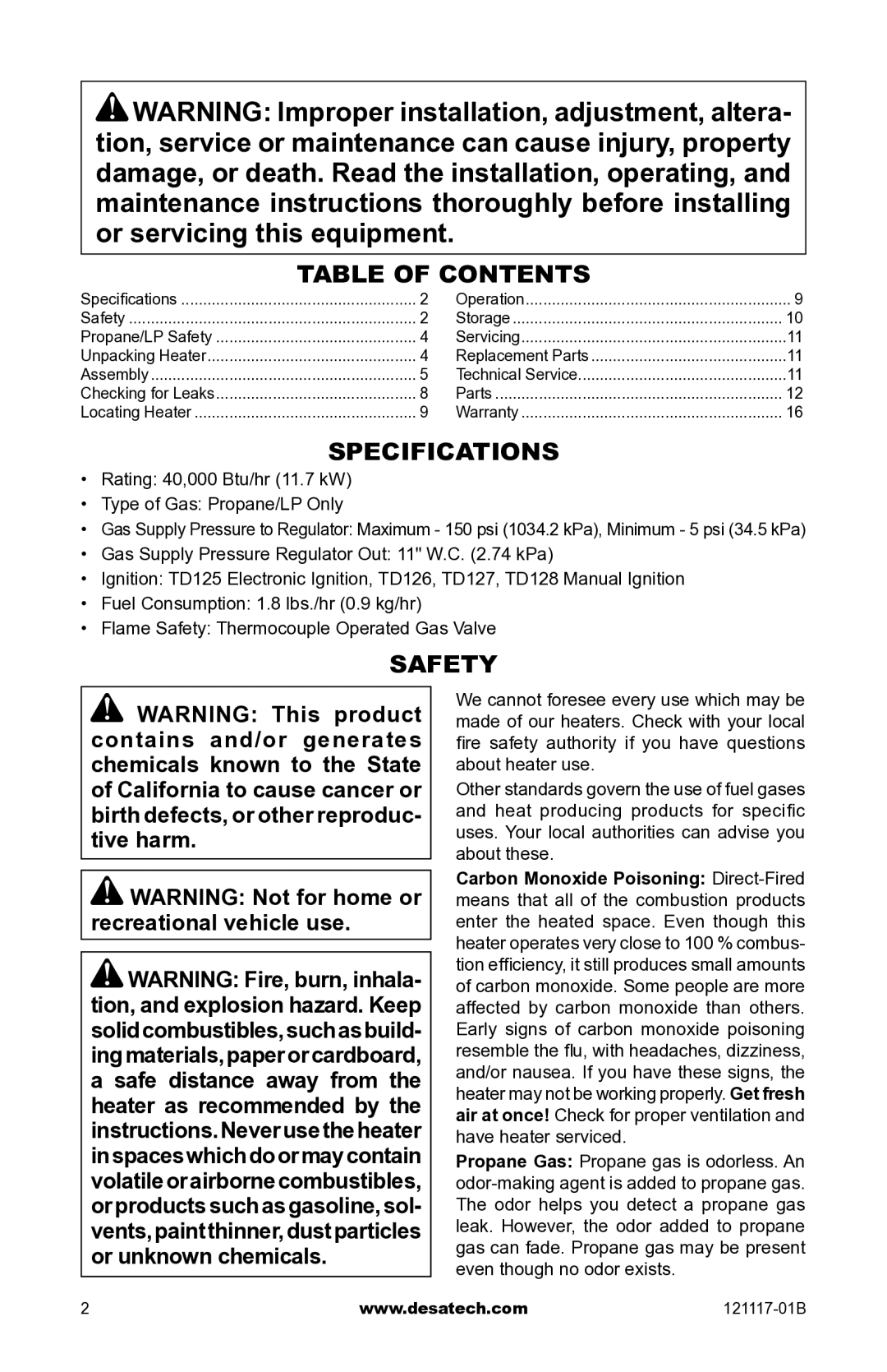 Desa Td125, Td126, Td127, Td128 owner manual Table of Contents, Specifications, Safety 