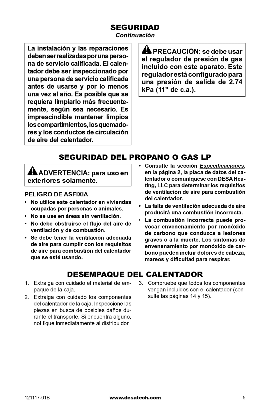 Desa Td125, Td126, Td127, Td128 owner manual Seguridad del propano o gas LP, Desempaque del calentador, Peligro de asfixia 