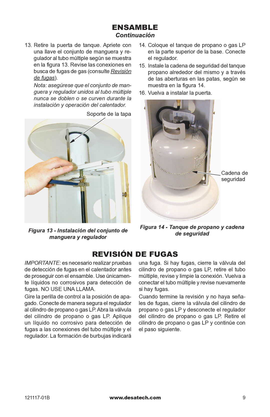 Desa Td125, Td126, Td127, Td128 owner manual Revisión de fugas, Figura 14 Tanque de propano y cadena 