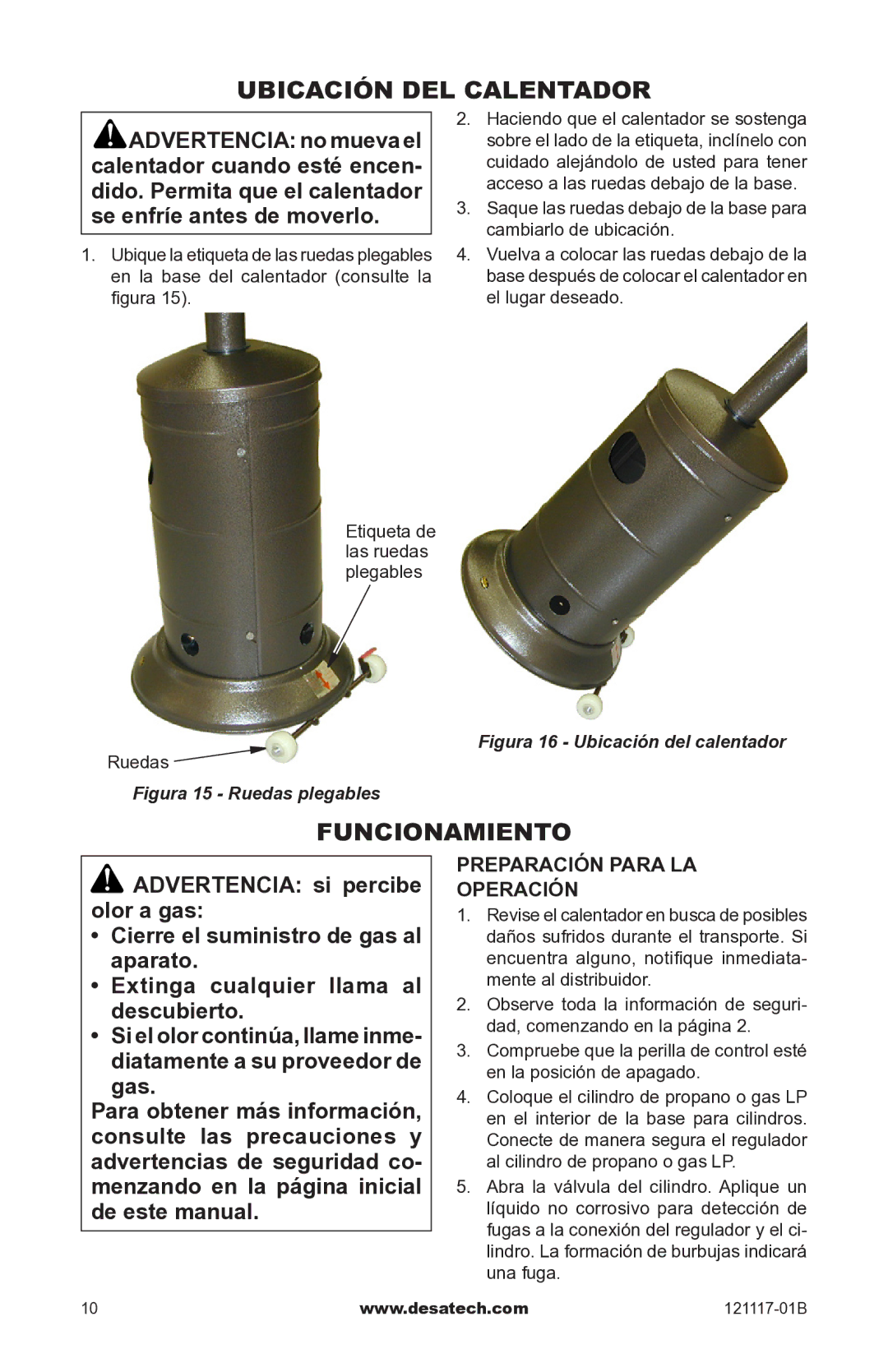 Desa Td125, Td126, Td127, Td128 owner manual Ubicación del calentador, Funcionamiento, Preparación Para LA Operación 