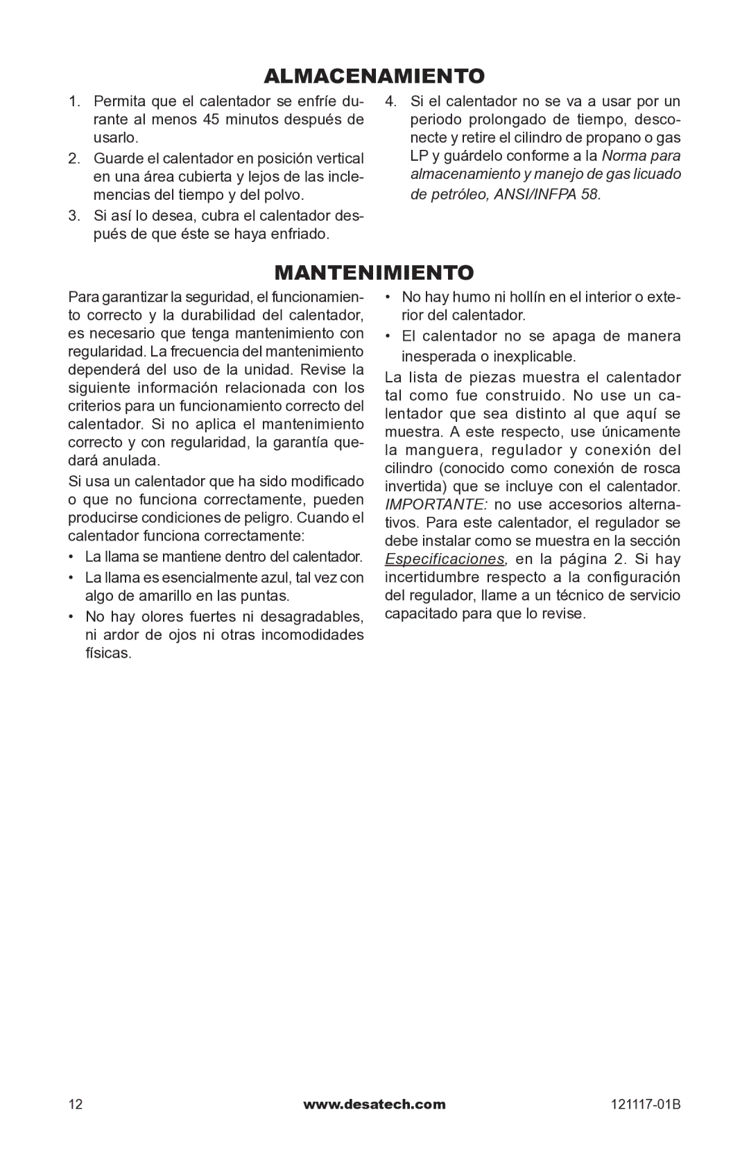 Desa Td125, Td126, Td127, Td128 owner manual Almacenamiento, Mantenimiento 