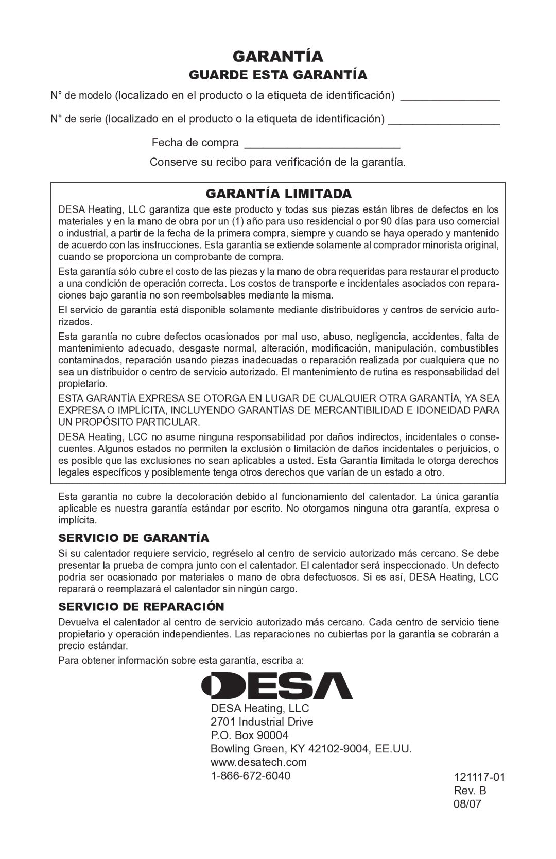 Desa Td125, Td126, Td127, Td128 owner manual Guarde Esta Garantía, Garantía Limitada 