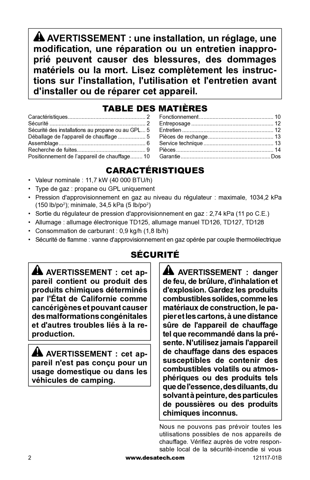 Desa Td125, Td126, Td127, Td128 owner manual Table des matières, Caractéristiques, Sécurité 