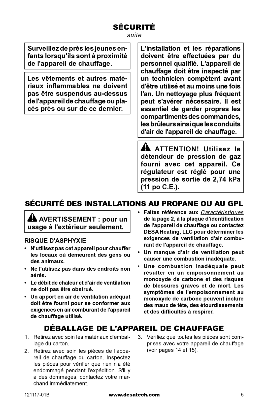 Desa Td125, Td126, Td127, Td128 Sécurité des installations au propane ou au GPL, Déballage de lappareil de chauffage 