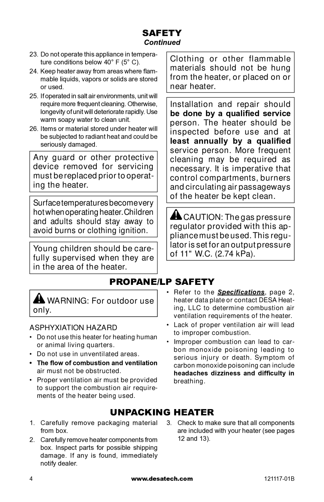 Desa Td125, Td126, Td127, Td128 owner manual Propane/LP Safety, Unpacking Heater, Asphyxiation Hazard 