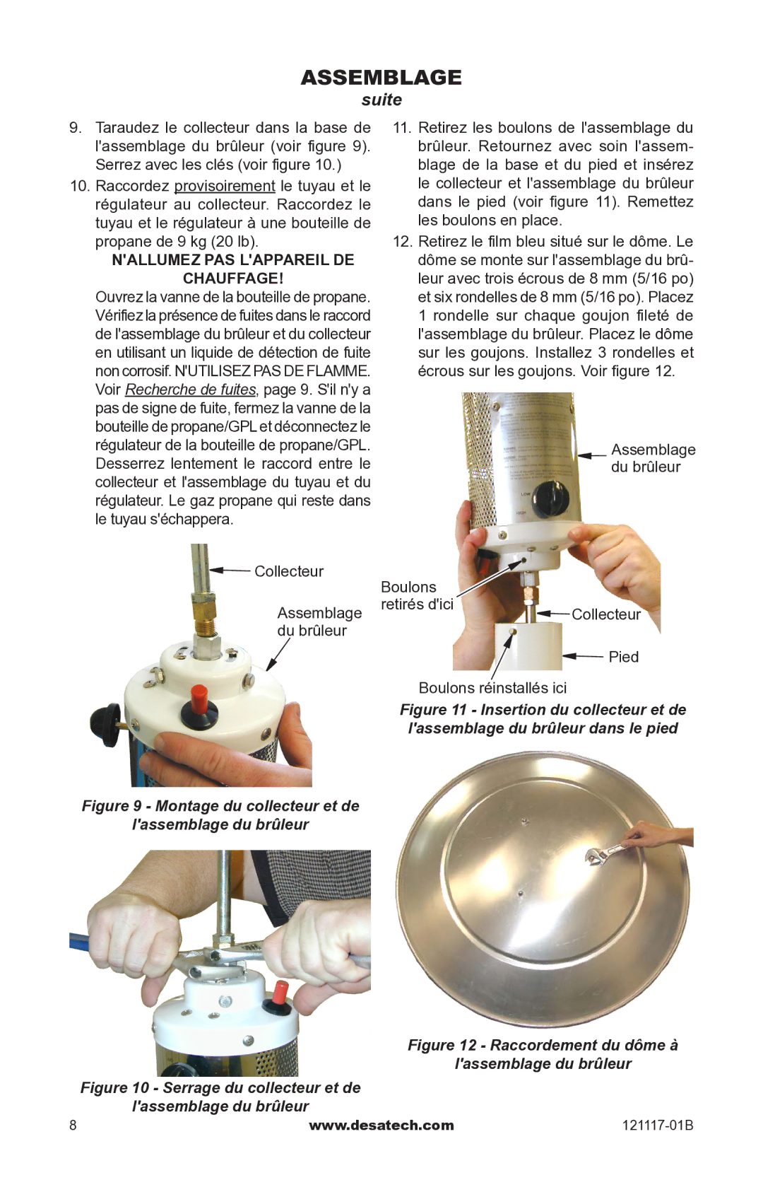 Desa Td125, Td126, Td127, Td128 owner manual Montage du collecteur et de Lassemblage du brûleur 