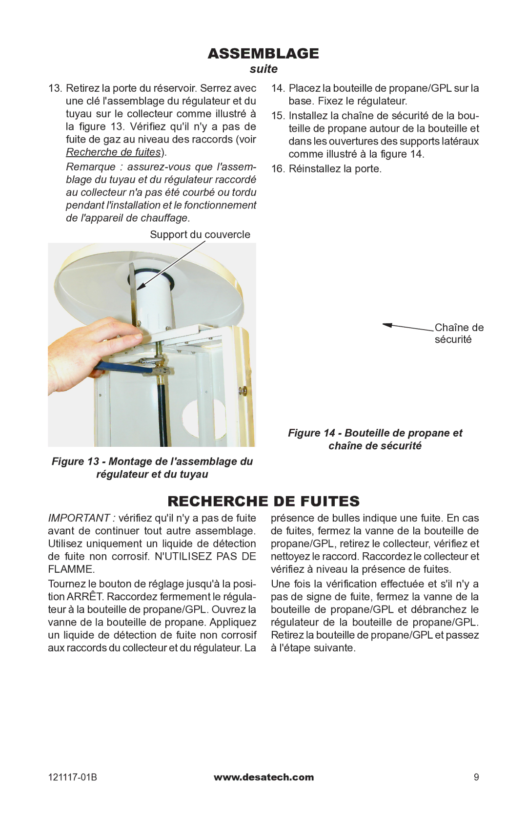 Desa Td125, Td126, Td127, Td128 owner manual Recherche de fuites, Bouteille de propane et Chaîne de sécurité 