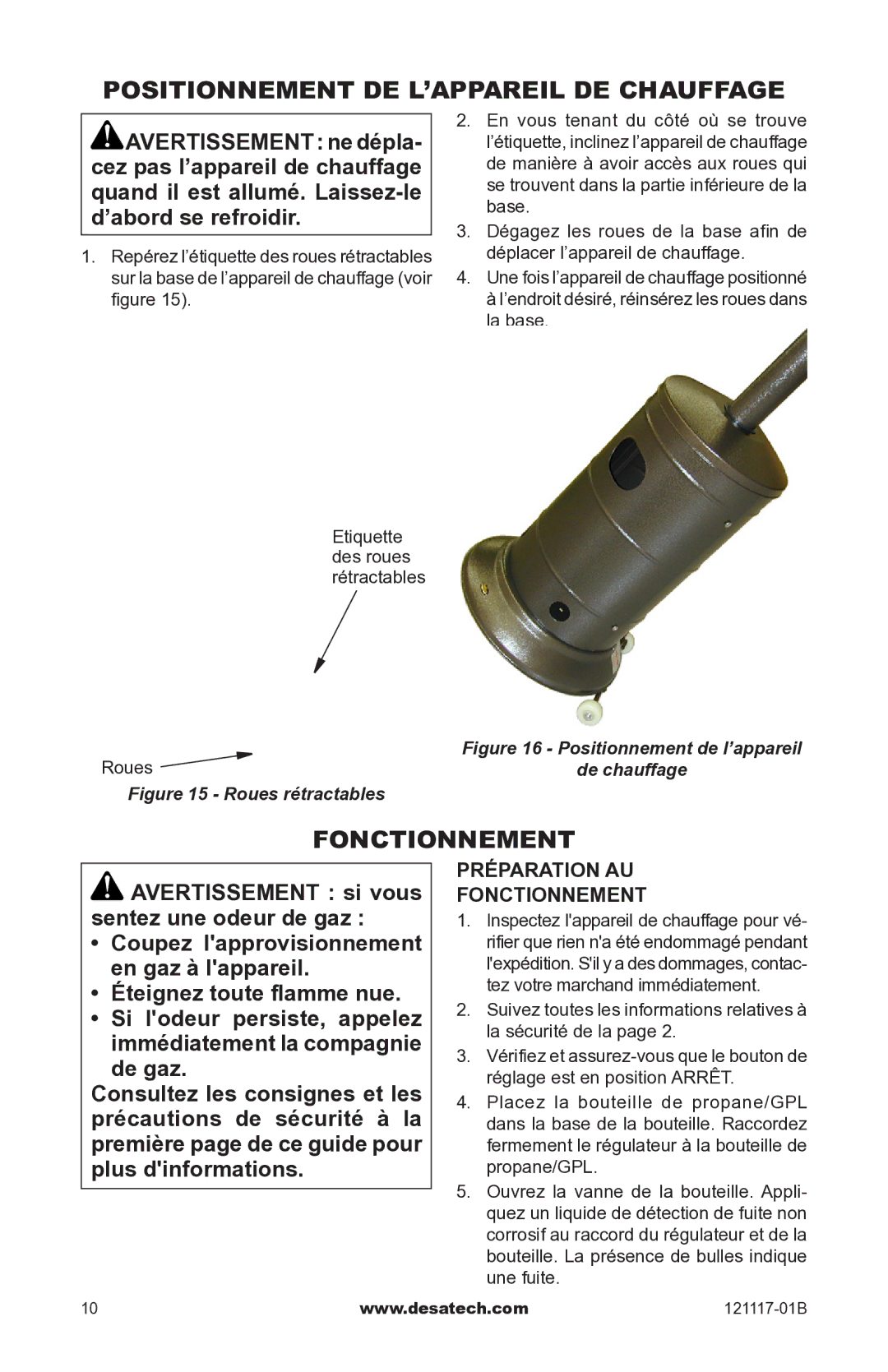 Desa Td125, Td126, Td127, Td128 owner manual Positionnement de l’appareil de chauffage, Préparation AU Fonctionnement 