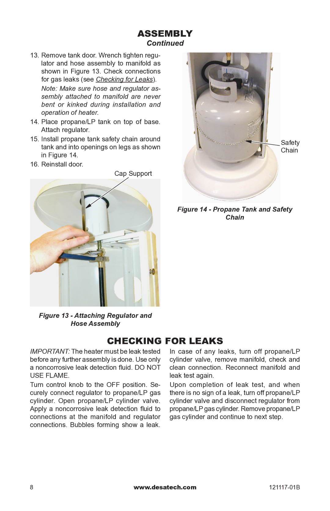 Desa Td125, Td126, Td127, Td128 owner manual Checking for Leaks, Propane Tank and Safety Chain 