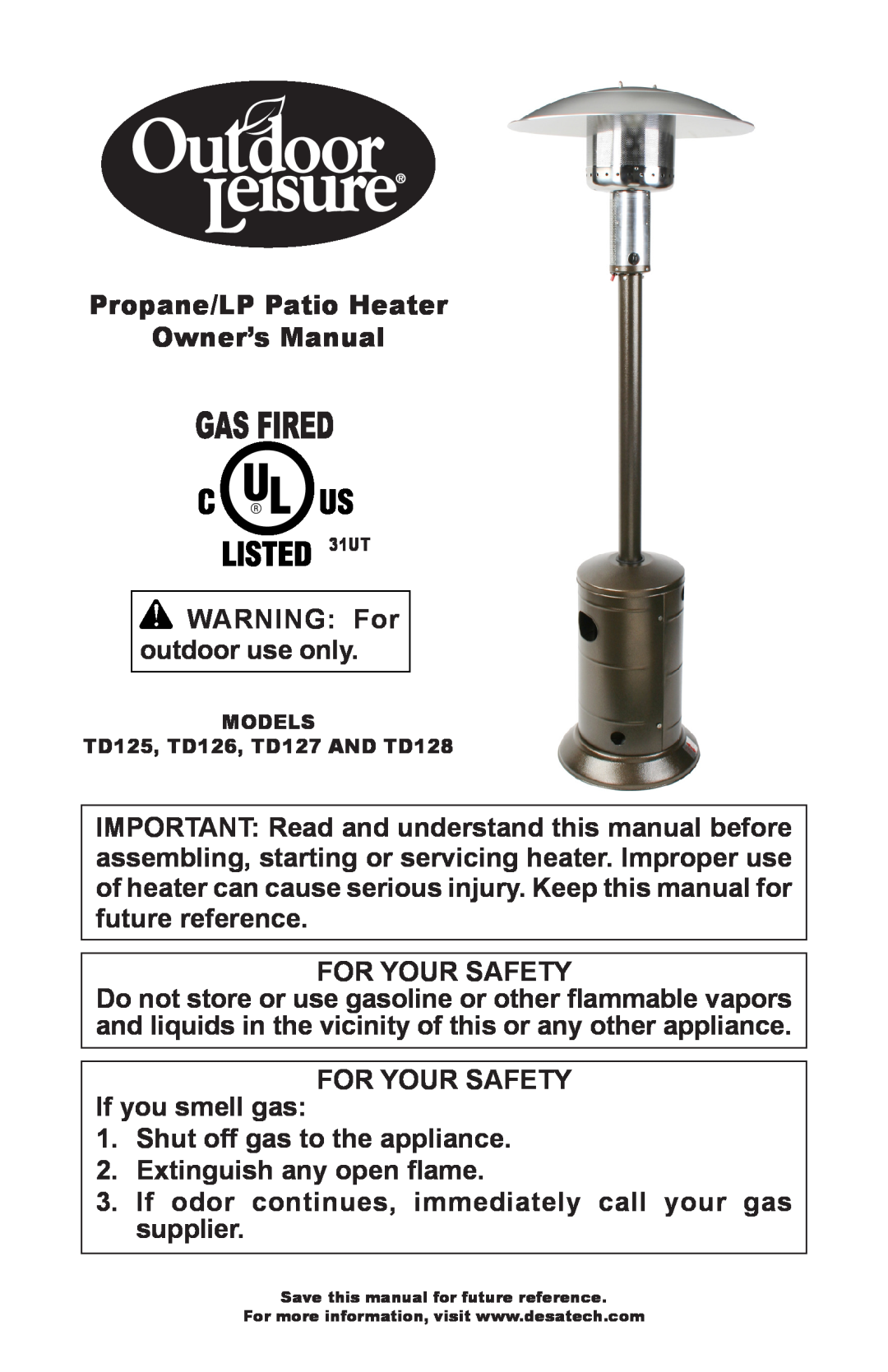 Desa Td125, Td126, Td127, Td128 owner manual Propane/LP Patio Heater Owner’s Manual 