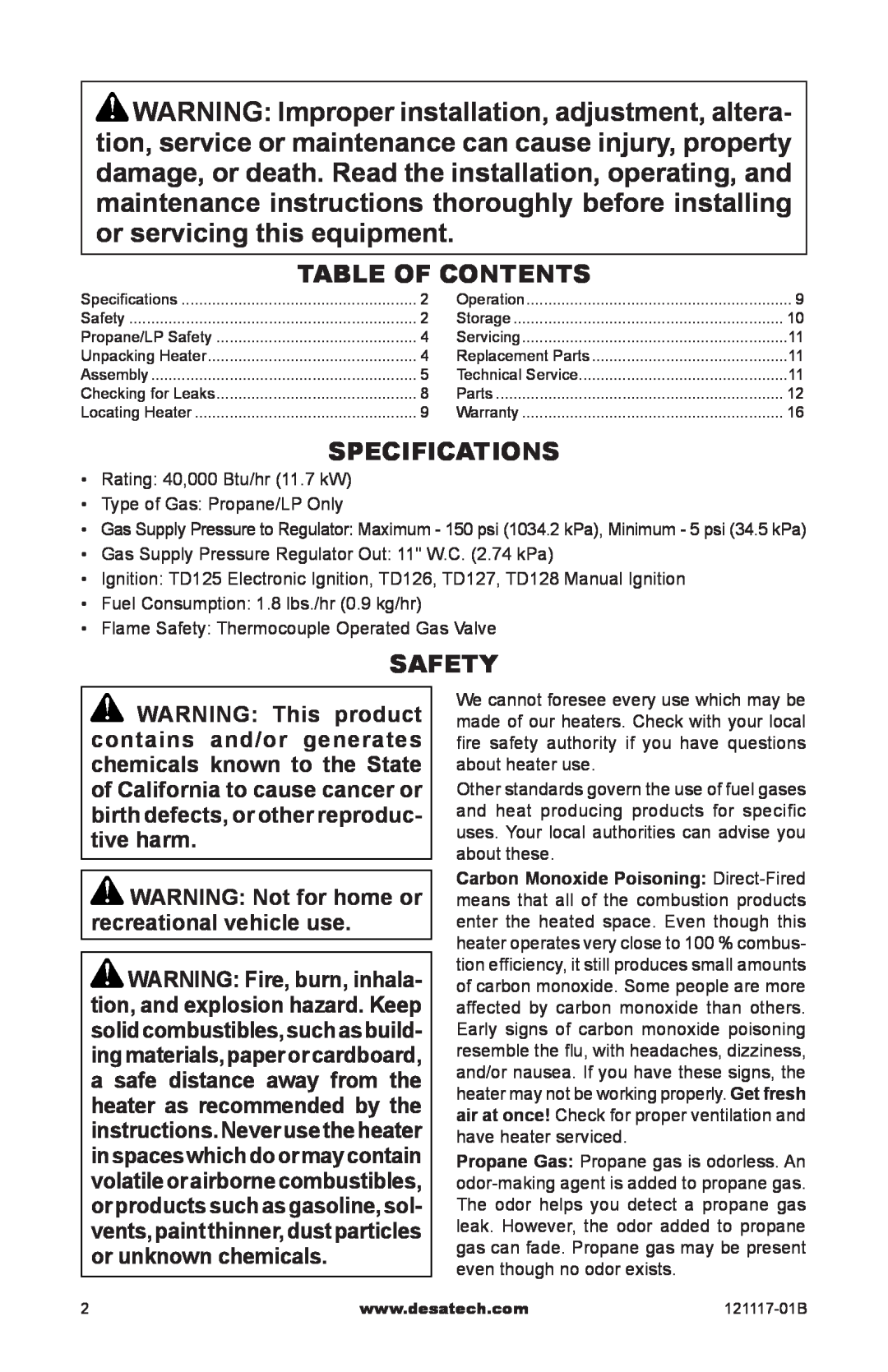 Desa Td125, Td126, Td127, Td128 owner manual Table of Contents, Specifications, Safety 