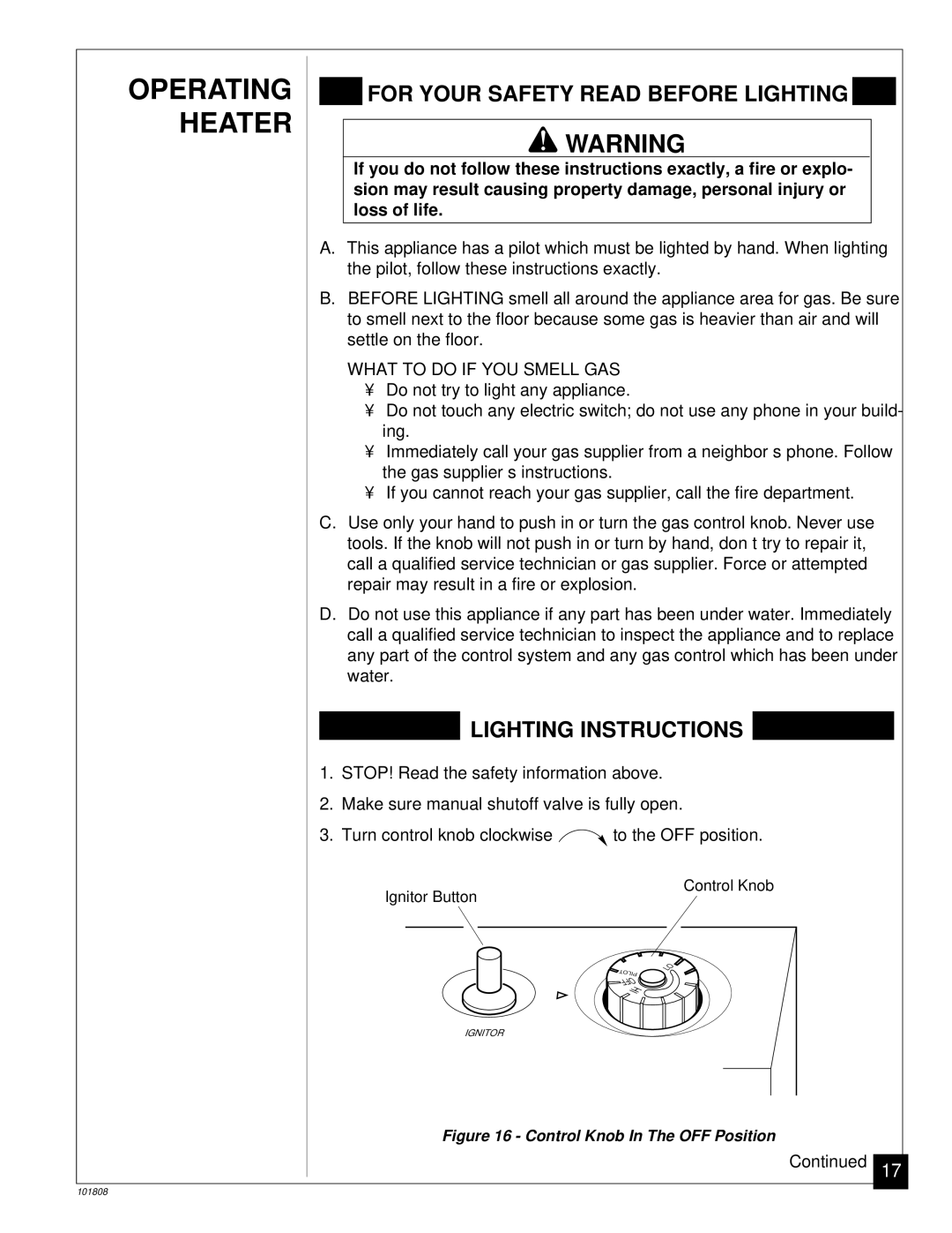 Desa Tech 28, 18 installation manual Operating Heater, For Your Safety Read Before Lighting 