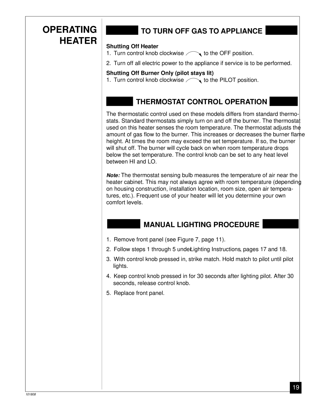 Desa Tech 18, 28 installation manual Shutting Off Heater, Shutting Off Burner Only pilot stays lit 