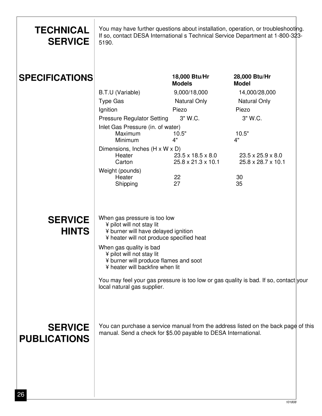 Desa Tech installation manual Technical Service, Service Hints Service Publications, 18,000 Btu/Hr 28,000 Btu/Hr Models 