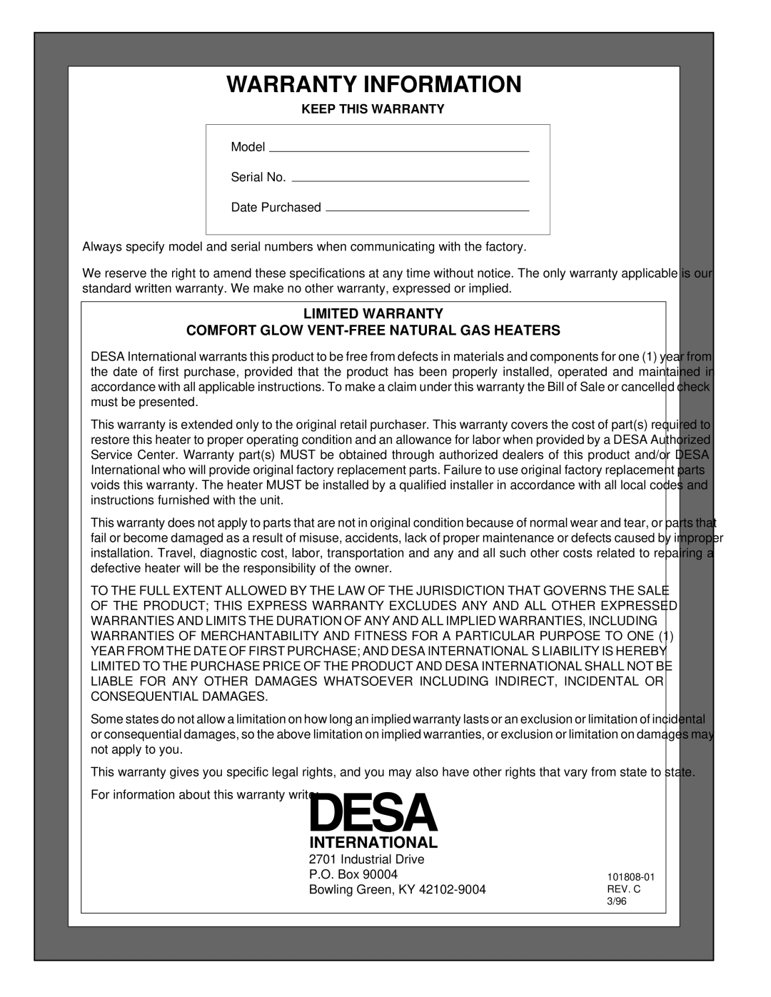 Desa Tech 28, 18, B installation manual Warranty Information, Keep this Warranty 