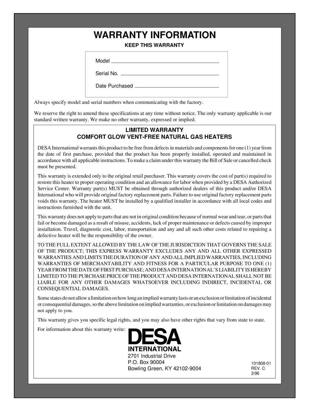 Desa Tech 28, 18, B Warranty Information, Limited Warranty Comfort Glow Vent-Free Natural Gas Heaters, Keep This Warranty 