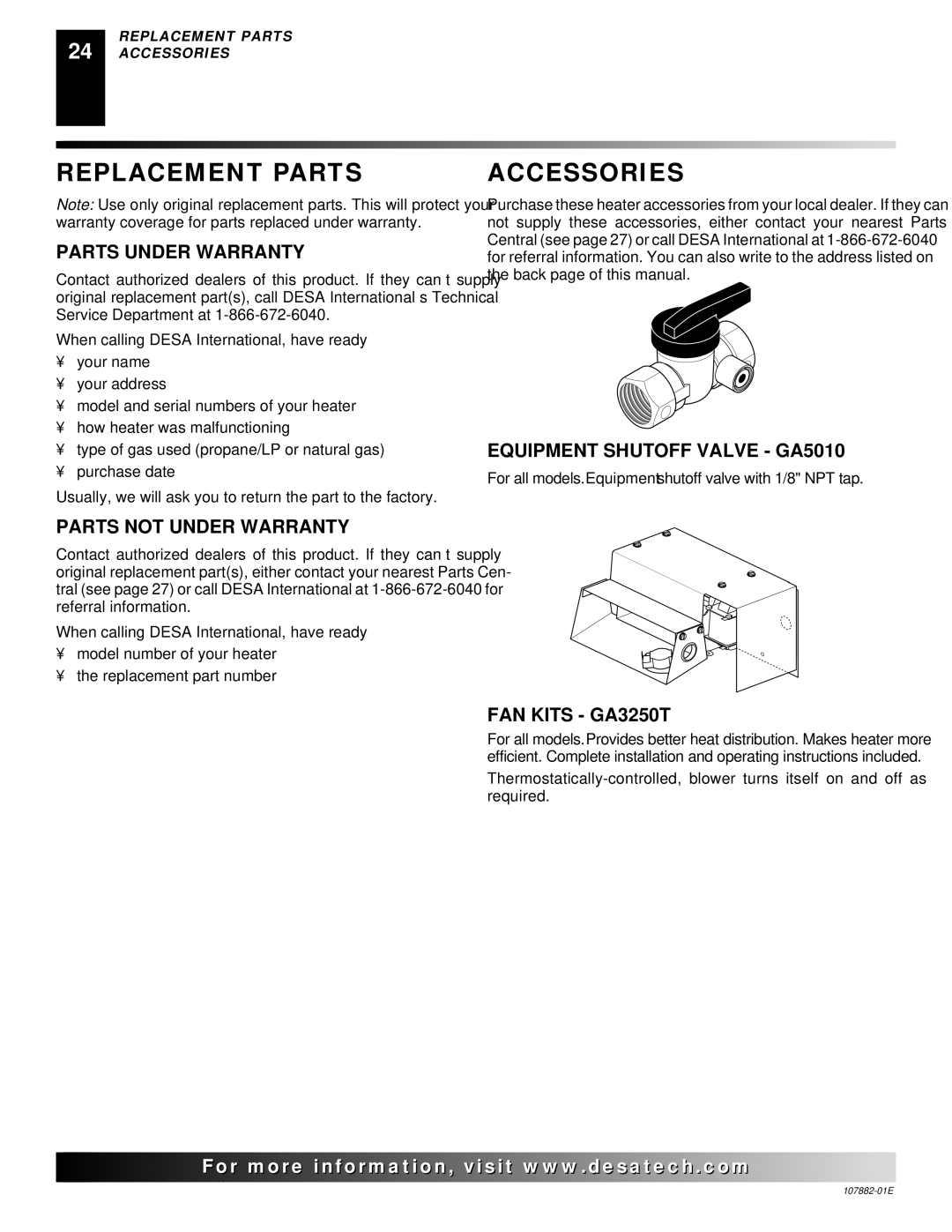 Desa Tech CBN20T, CBP30T, CBN30T, CBP20T installation manual Replacement Parts, Accessories 