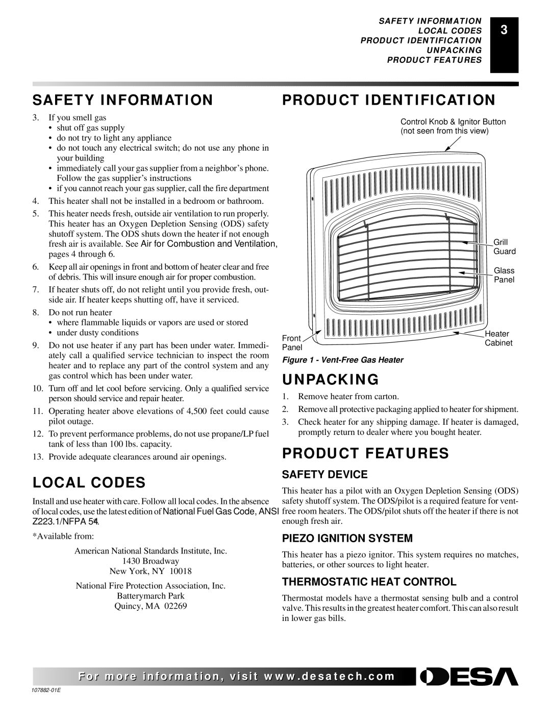 Desa Tech CBN30T, CBN20T, CBP30T, CBP20T Product Identification, Unpacking, Local Codes, Product Features 