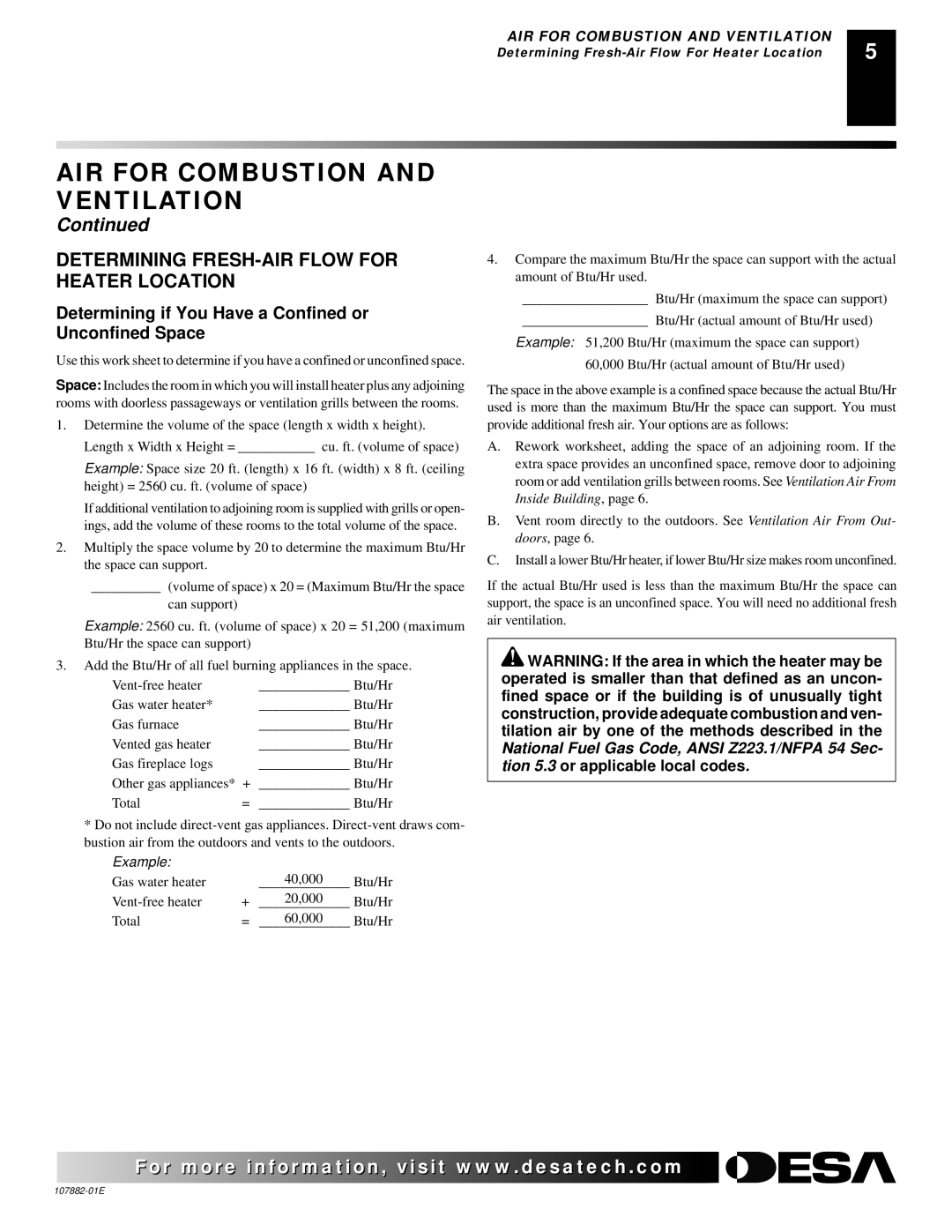 Desa Tech CBP20T Determining FRESH-AIR Flow for Heater Location, Determining if You Have a Confined or Unconfined Space 