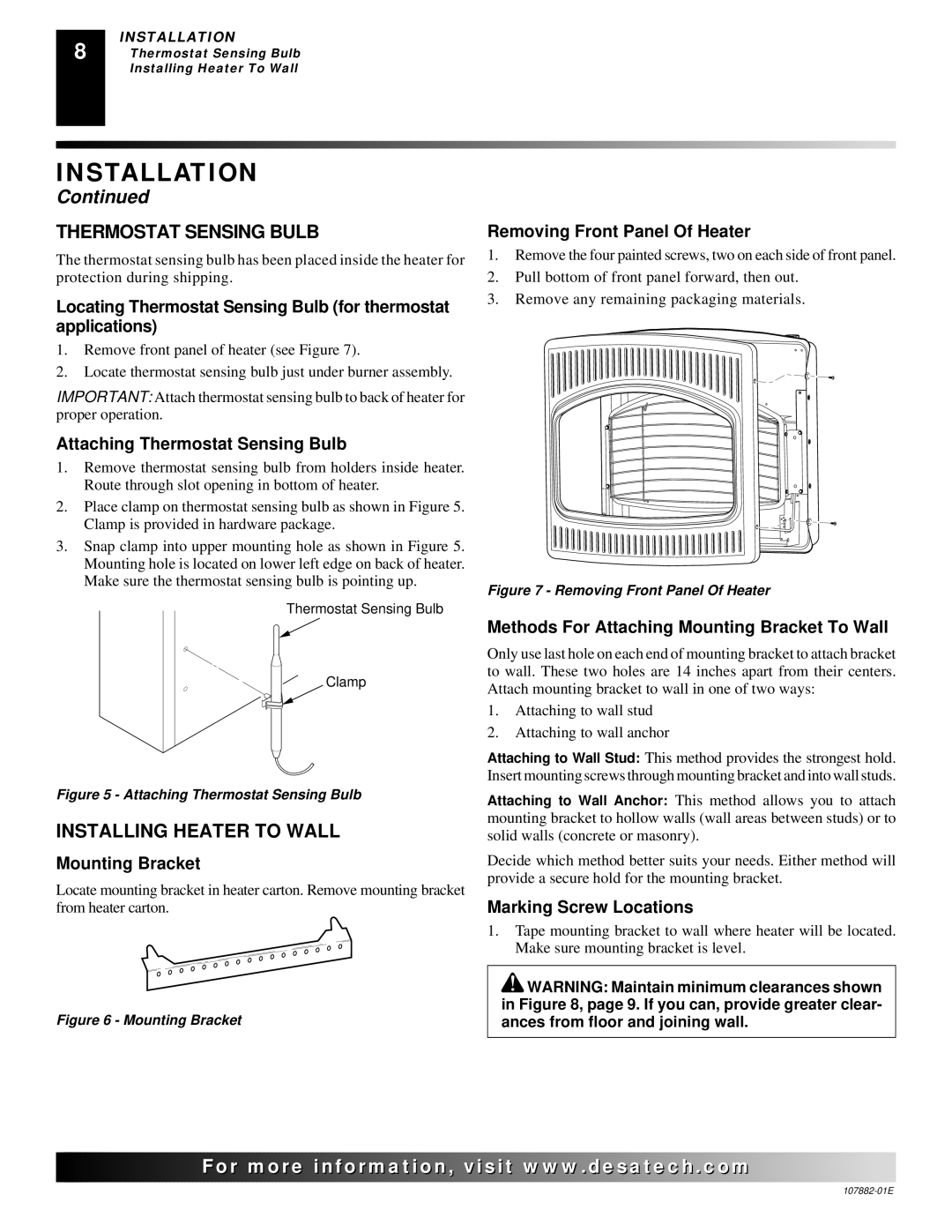 Desa Tech CBP30T, CBN20T, CBN30T, CBP20T installation manual Thermostat Sensing Bulb, Installing Heater to Wall 