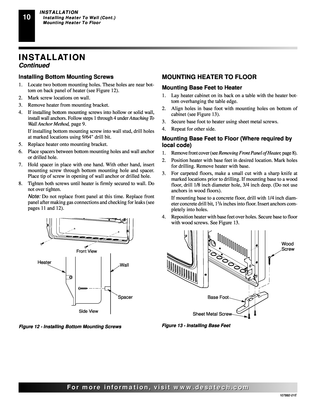 Desa Tech CBN20, CBP20 Installation, Continued, For..com, Installing Bottom Mounting Screws, Mounting Base Feet to Heater 