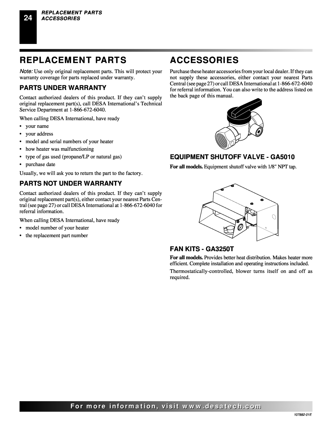 Desa Tech CBP20 Replacement Parts, Accessories, Parts Under Warranty, EQUIPMENT SHUTOFF VALVE - GA5010, FAN KITS - GA3250T 