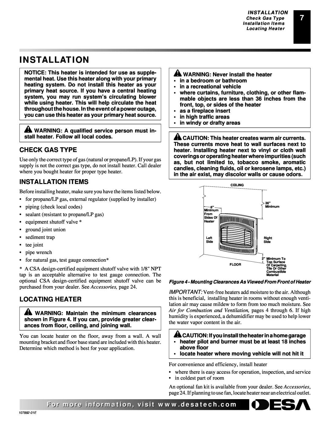 Desa Tech CBN20T, CBP30T, CBN30T, CBP20T installation manual Check Gas Type, Installation Items, Locating Heater 