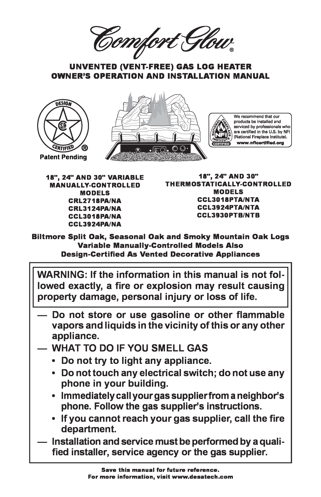 Desa Tech CCL3018PTA/NTA, CCL3924PTA/NTA, CCL3930PTB/NTB installation manual What To Do If You Smell Gas 