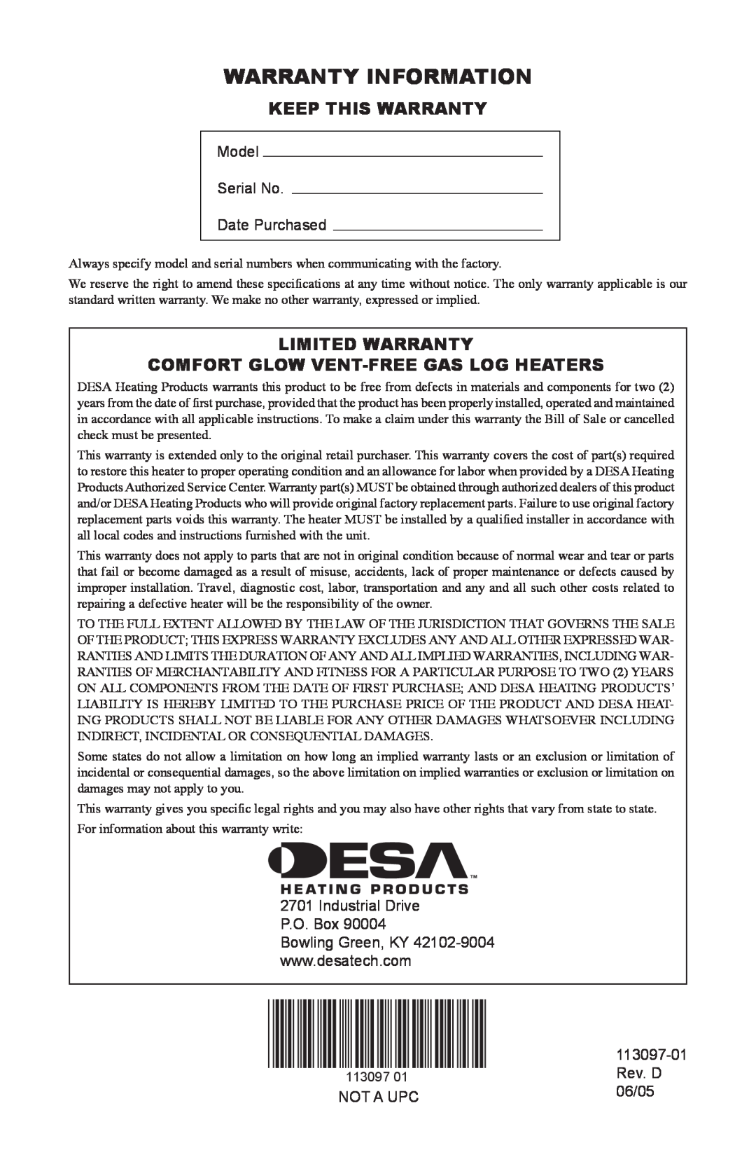 Desa Tech Warranty Information, Keep This Warranty, Limited Warranty, Comfort Glow Vent-Freegas Log Heaters 