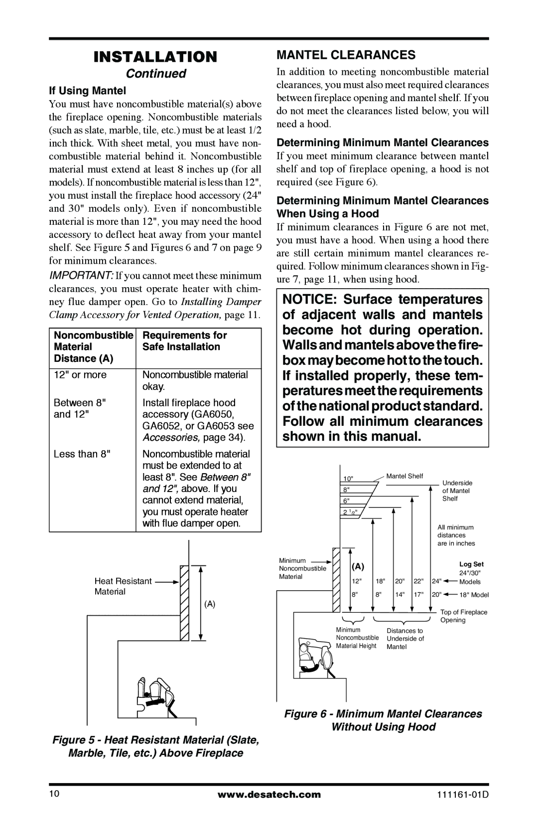 Desa Tech CCL3018NR, CCL3930PRA installation manual Mantel Clearances, If Using Mantel 