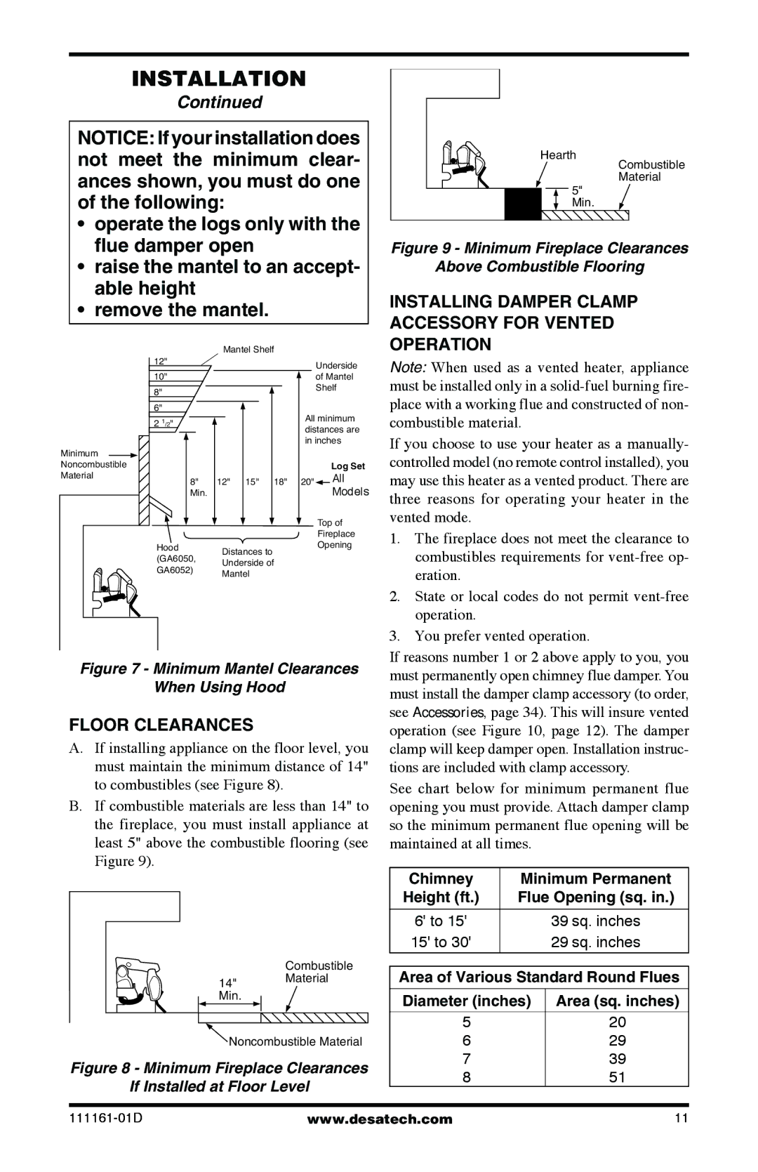 Desa Tech CCL3930PRA, CCL3018NR installation manual Installing Damper Clamp Accessory for Vented, Floor Clearances 