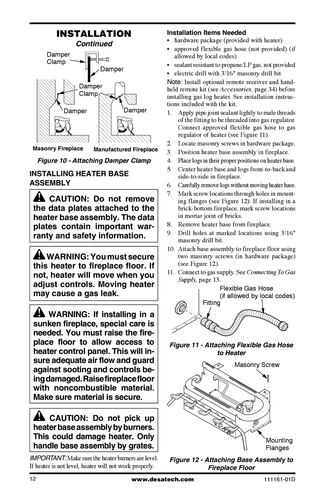 Desa Tech CCL3930PRA, CCL3018NR installation manual Installing Heater Base Assembly, Installation Items Needed 