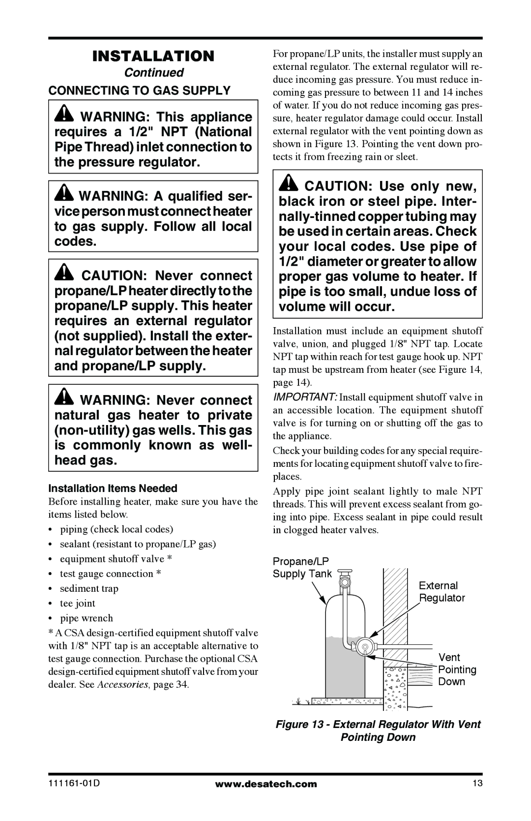 Desa Tech CCL3018NR, CCL3930PRA installation manual Connecting to GAS Supply, External Regulator With Vent Pointing Down 